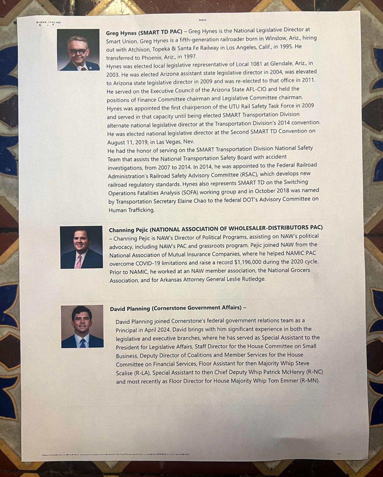 OCR info: Greg Hynes (SMART TD PAC) ~ Greg Hynes s the National Legislaive Director at i Smart Union. Greg Hynes is a fifth-generation railroader born in Winslow, Ariz, hiring e Il ot ith Acchison, Topeka & Santa Fe Rilvayin Los Angeles. Calif, in 1995. He * = transferred to Phoenix, Ariz, in 1997, ol Hynes was elected local legislative representative of Local 1081 at Glendale, Ariz, in 2003, He was elected Arizona assistant state legislative director in 2004, was elevated to Arizona state legislative director in 2009 and was re-elected to that office in 2011 e He served on the Executive Council of the Arizona State AFL-CIO and held the positions of Finance Committee chairman and Legislative Committee chairman. Hynes was appointed the first chairperson of the UTU Rail Safety Task Force in 2009 and served in that capacity until being elected SMART Transportation Division N alternate national legislative director at the Transportation Division’s 2014 convention. He was elected national legislative director at the Second SMART TD Convention on August 11, 2019, in Las Vegas, Nev. He had the honor of serving on the SMART Transportation Division National Safety Team that assists the National Transportation Safety Board with accident investigations, from 2007 to 2014. In 2014...