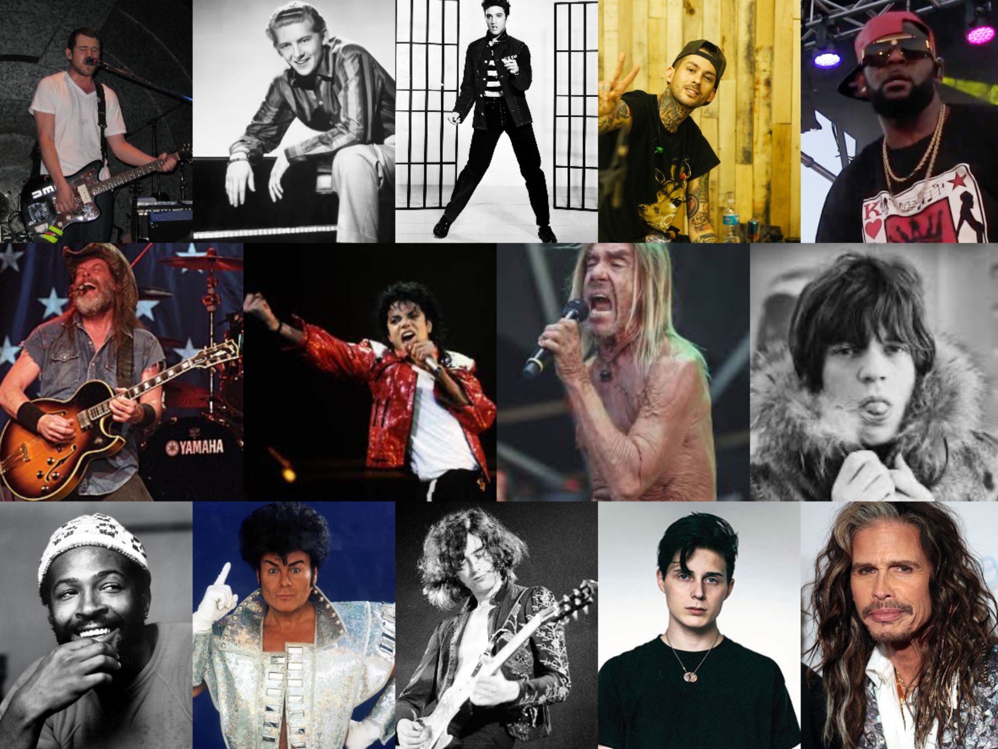 Big old collage of music's favorite pedophiles. I probably should have written down who's on here but you can guess Gary Glitter, Jimmy Paige, Mick Jagger, Iggy Pop, Michael Jackson… Sorry bud… R.Kellie that guy from brand new Elvis Jerry Lee Lewis I mean it just keeps going oh yeah and Marvin Gaye sorry