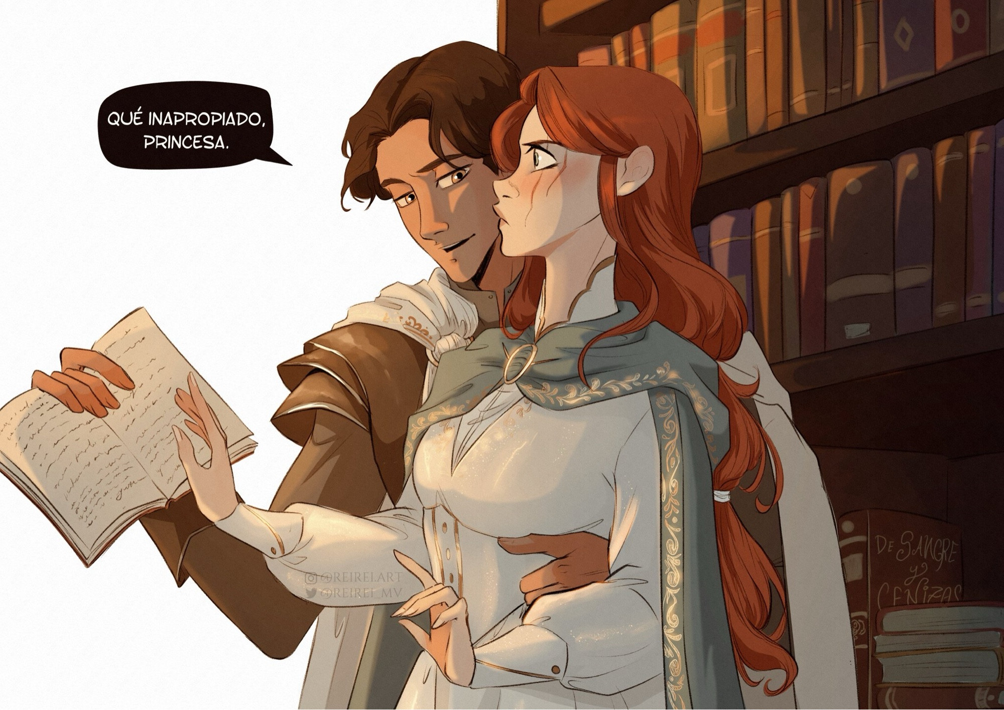 Poppy y Hawke de la novela “de sangre y cenizas”. Él la sorprende a ella leyendo un libro poco apropiado, agarrándola de la cintura, por detrás, y arrebatándole el libro de las manos mientras le dice “qué inapropiado, princesa”