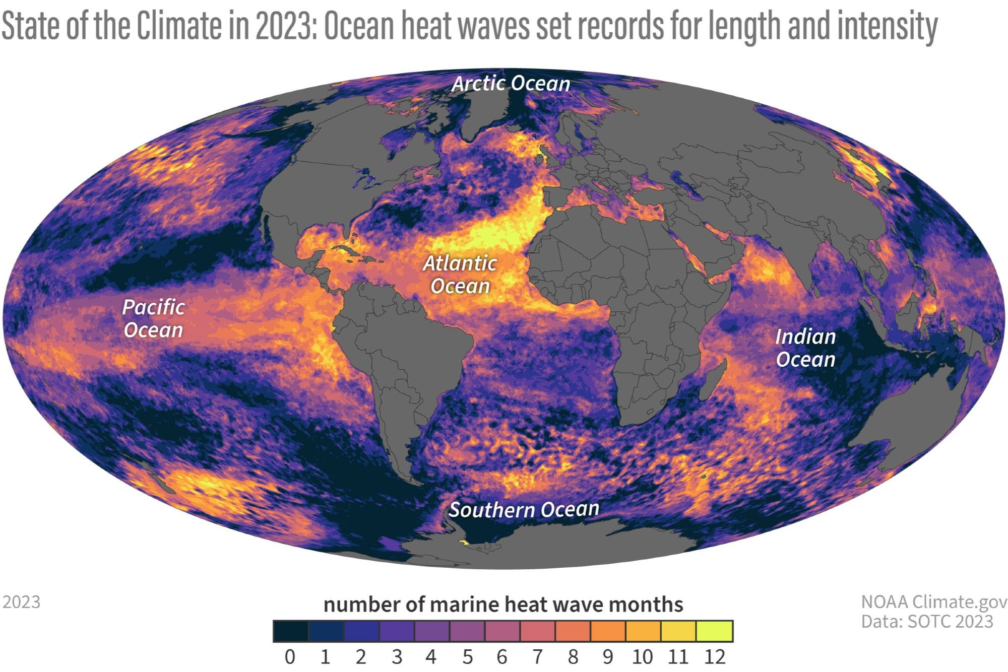 Map showing the number of marine heat wave months, where ocean heat waves set records for length and intensity in 2023.