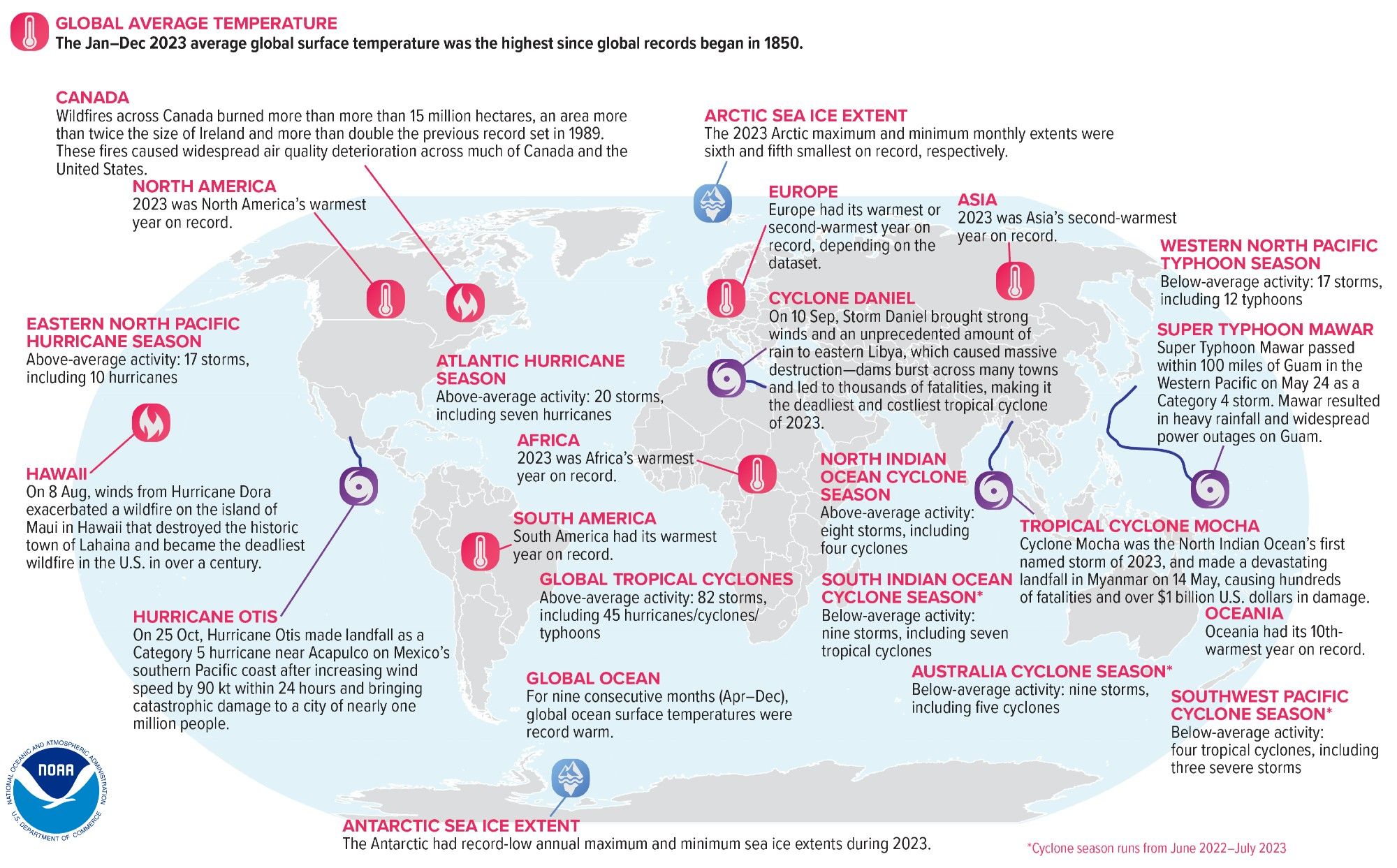 Figure from the report of the geographical distribution of selected notable climate anomalies and events in 2023 around the world. This graphic is from NOAA.