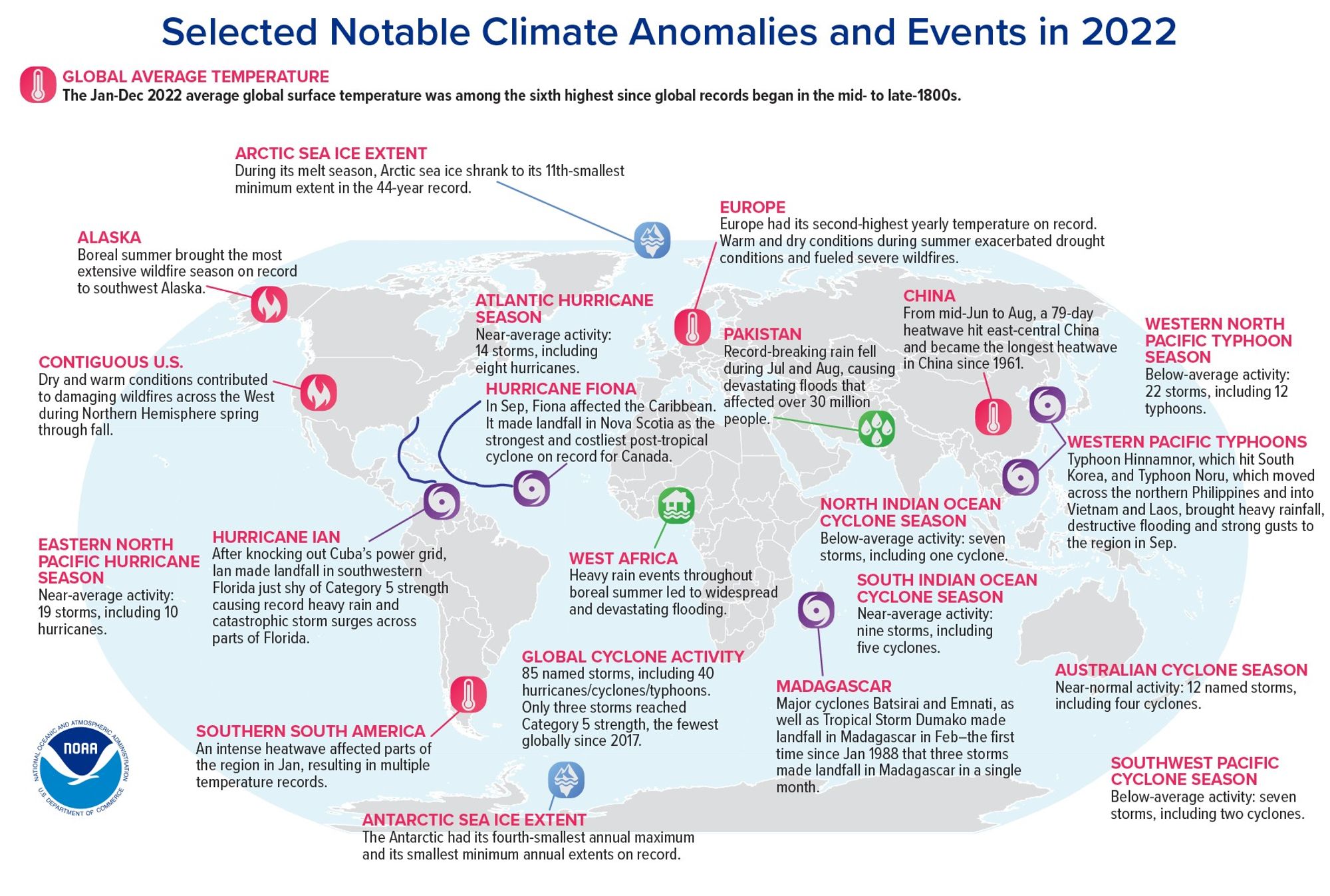 Figure from the report of the geographical distribution of selected notable climate anomalies and events in 2022 around the world. This graphic is from NOAA.