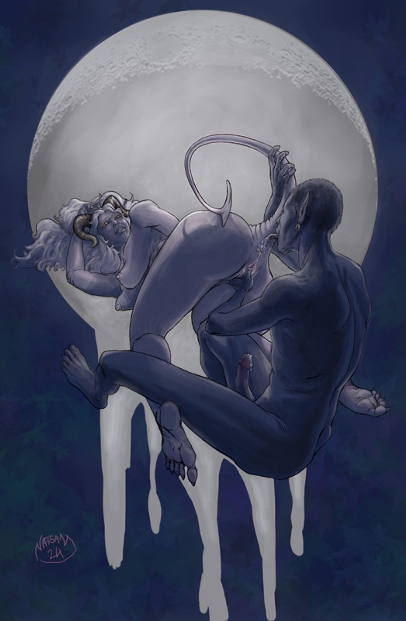 Stylised night time scene of a drow sensually licking and rimming a paler tiefling whilst also fingering them. They are both lit by a huge moon that frames them both and drips down the illustration.