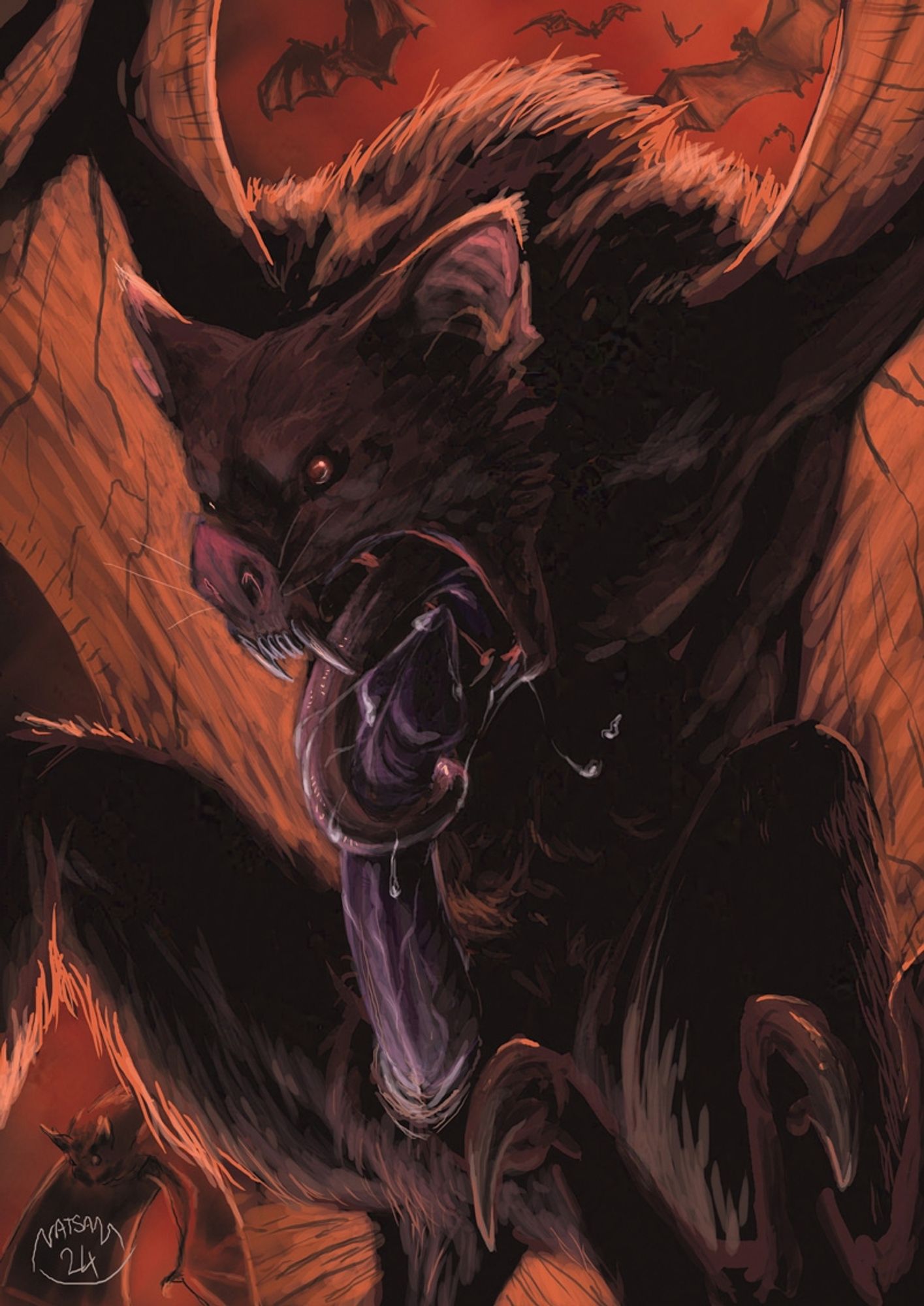 Red hued painting of a bat like monster with wings spread and body curled forward so it can wrap it's tongue around it's large, purplish cock.