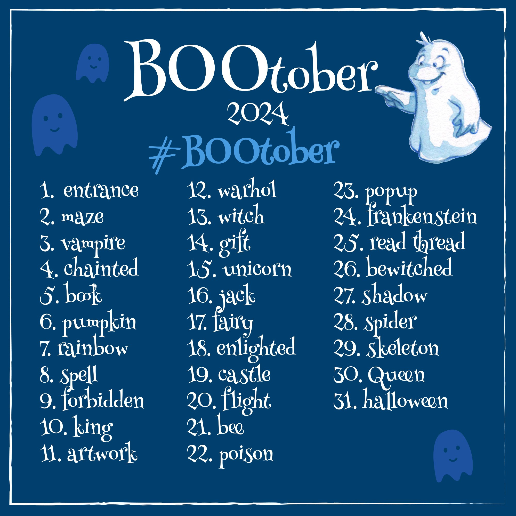 Promptlist für Oktober mit 31 Schlagworten zum Hashtag #BOOtober