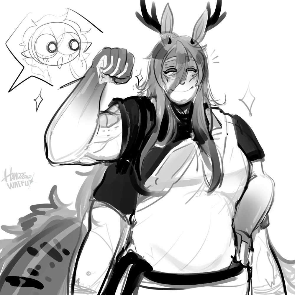 Doodle art of my character called Nergui is flexing at her hubby of her bicep and they're 'WOW' at her