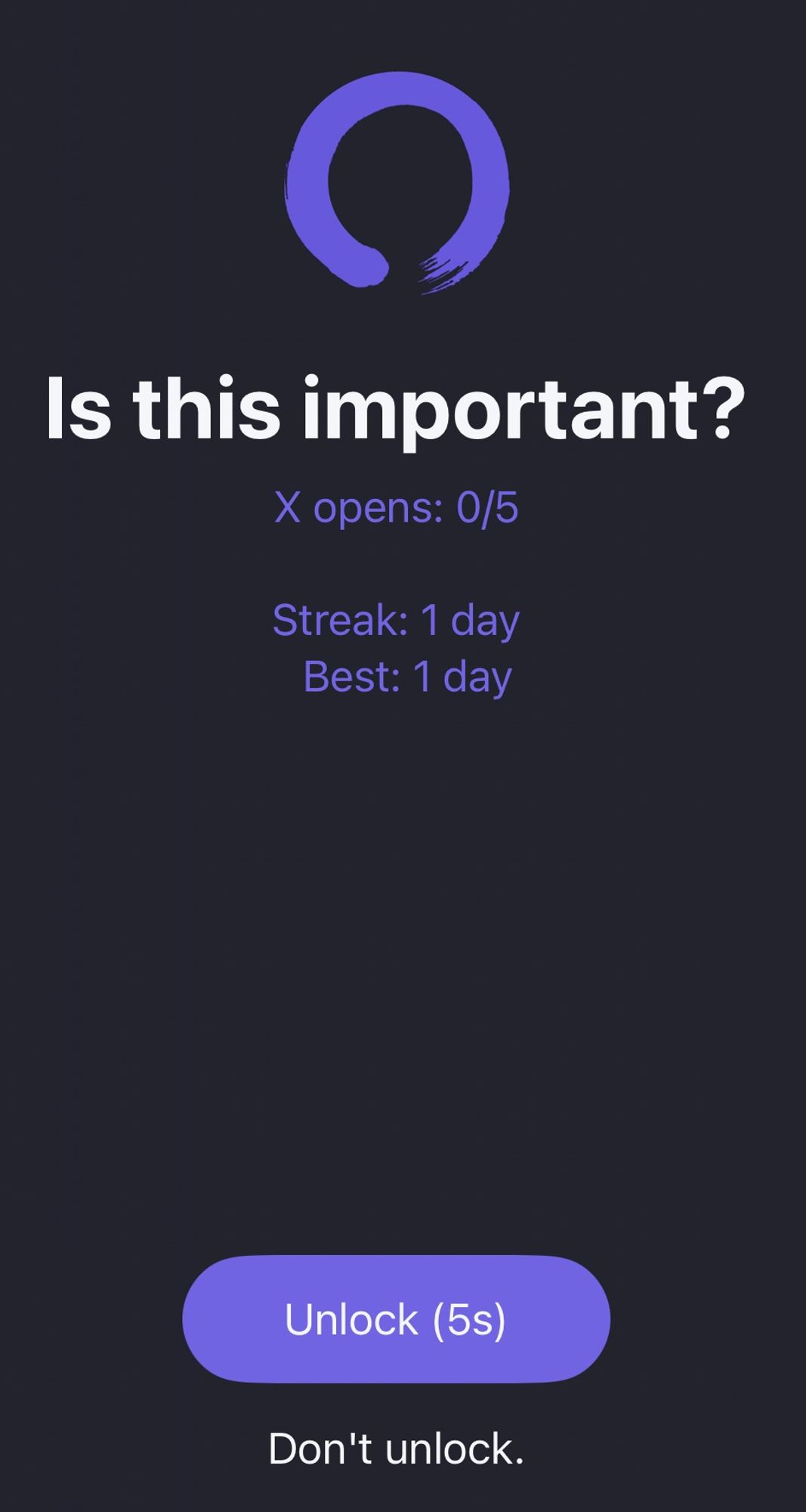 Shows ScreenZen, with a prompt saying “Is this important?” X opens: 0/5.  Button for “Unlock” with a 5 second delay, or Don’t unlock.