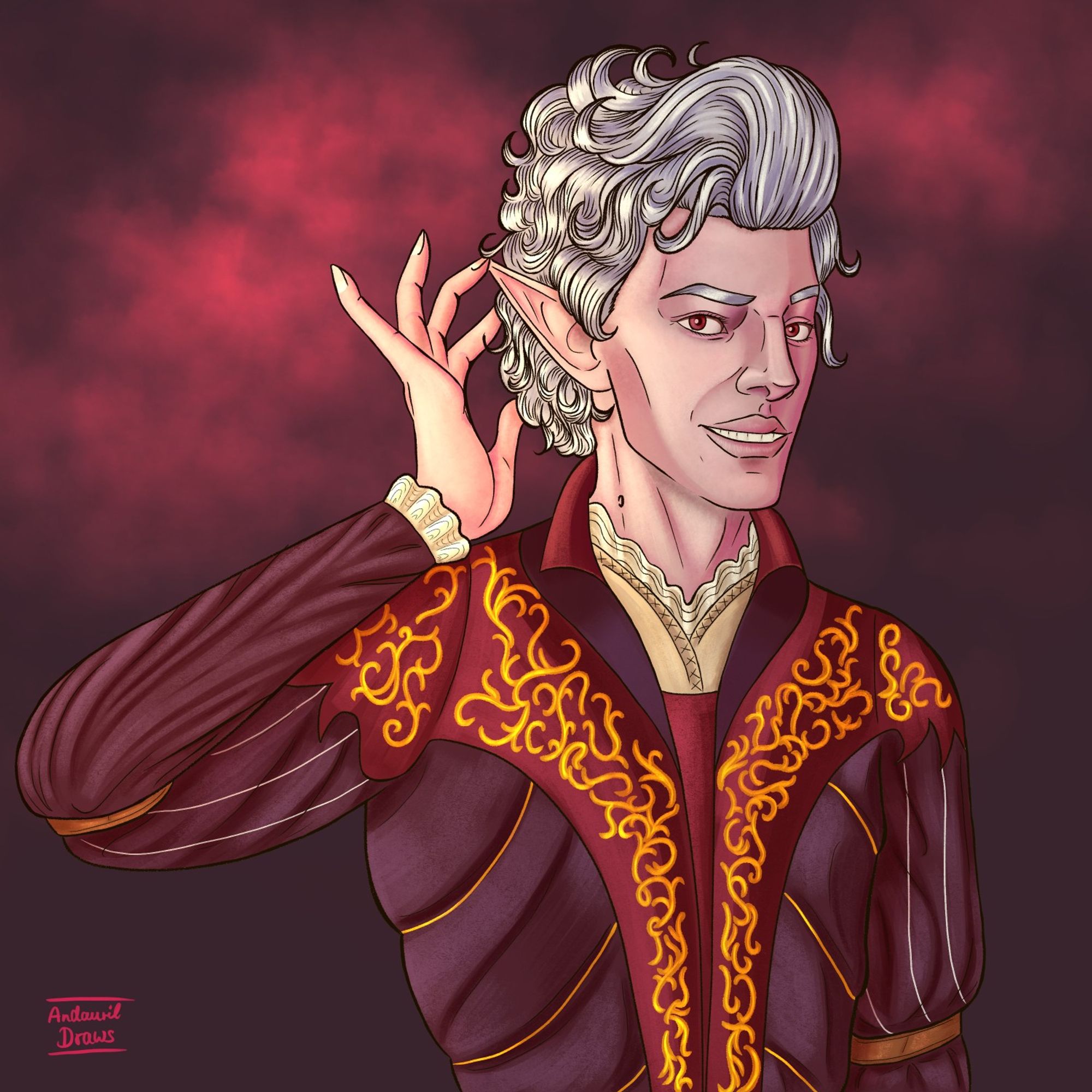 A digital illustration of Astarion from the Game Baldur's Gate 3, smirking and gesturing while looking at the viewer.