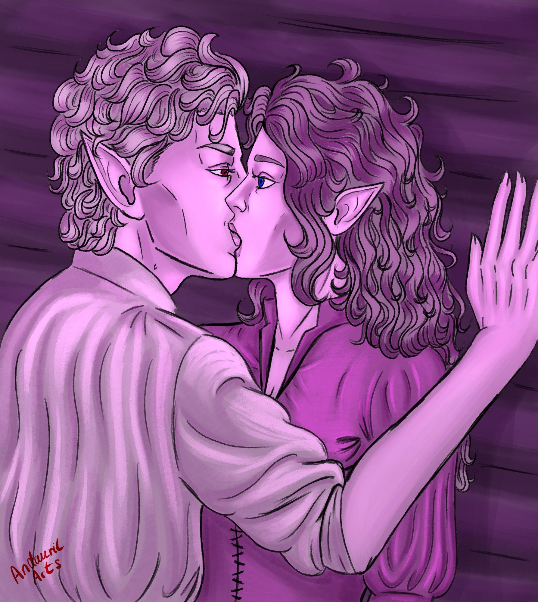 A monochrone illustration in shades of purple, picturing Astarion from the game Baldur's Gate 3 kissing a beautiful half elven woman with curly. The female half elf is pushed against a wall, with Astarion's hand next to her shoulder. She looks slightly surprised to be kissed.