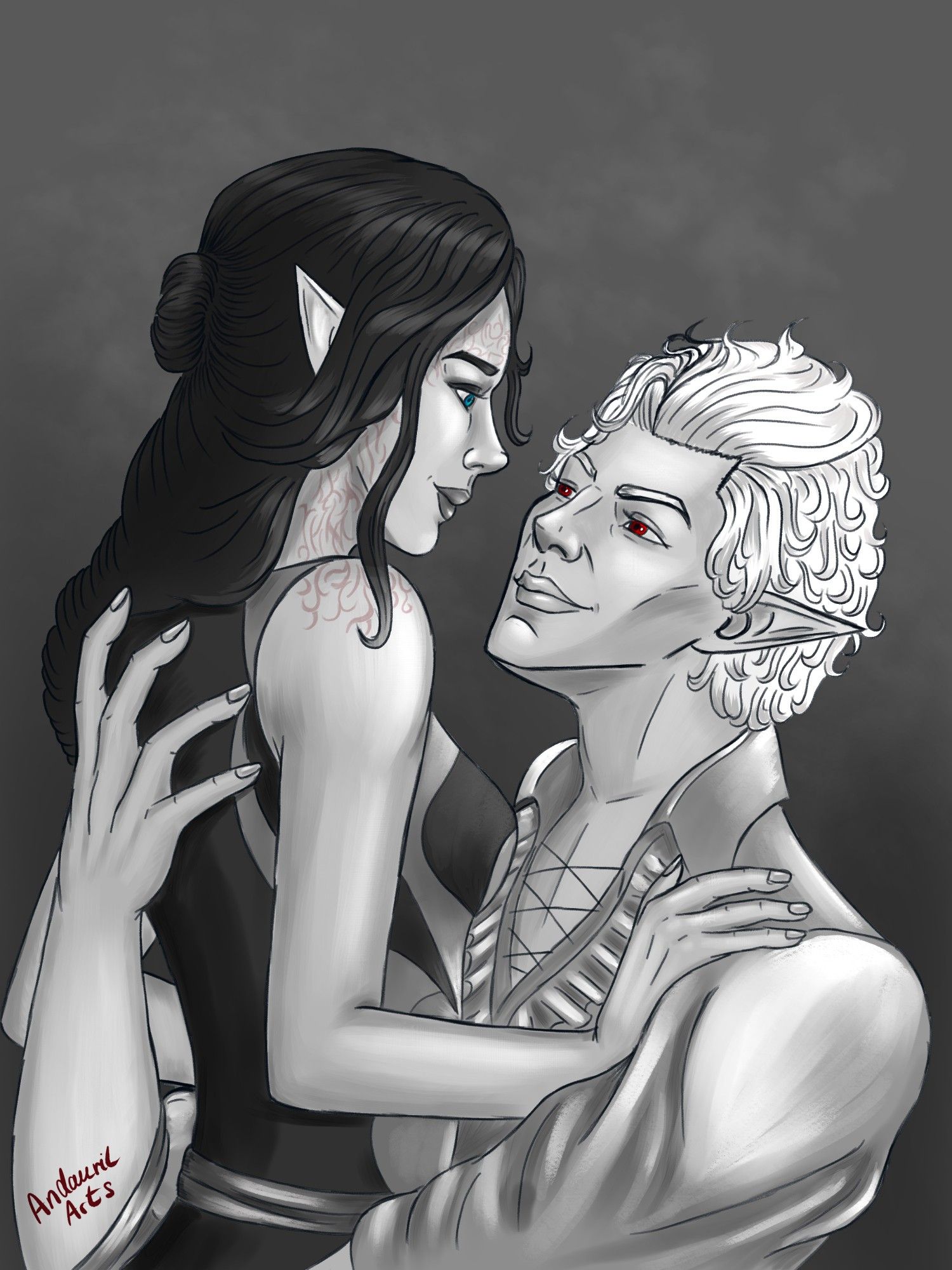 Astarion from the Game "Baldur's Gate 3" is looking up at a black haired female elf who seems to be sitting on his lap. He is holding her and she has her hand on his shoulder. Both of their expressions are soft and tender. The entire illustration is in greyscale, except for the eyes - Astarion's eyes are coloured in red, and the female elf's are in turquoise.