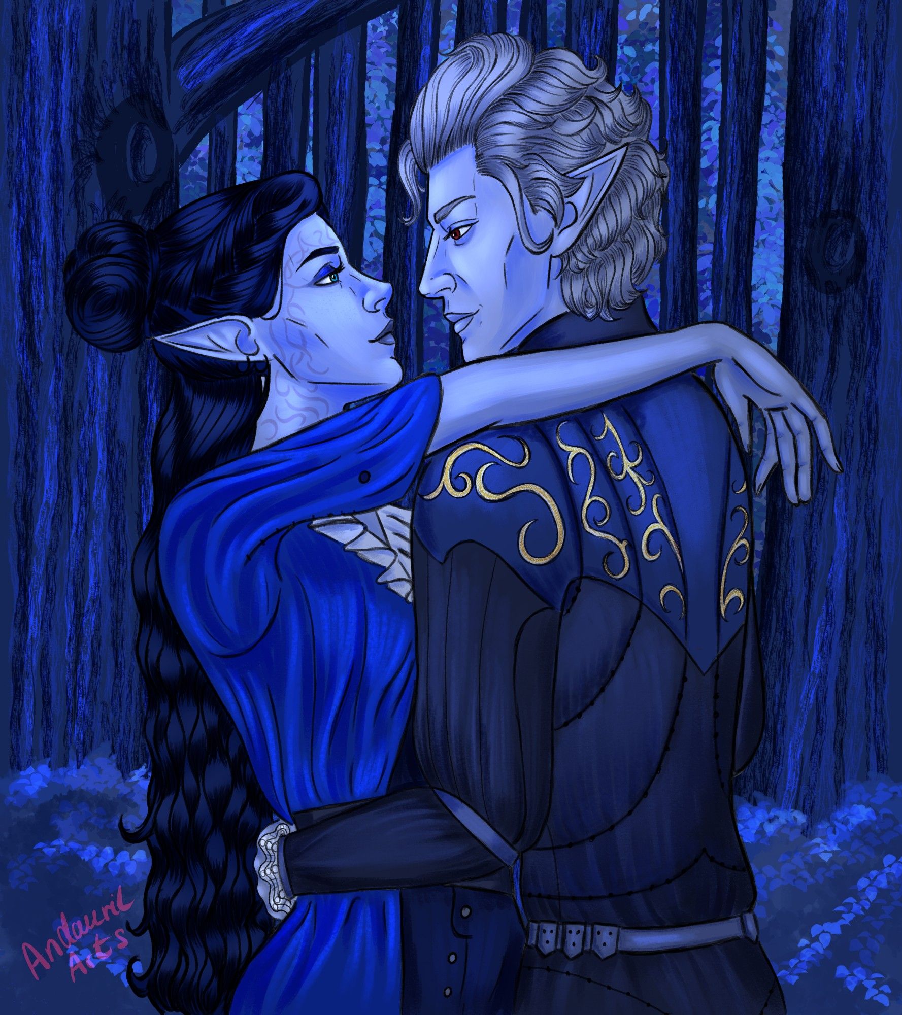 A monochrone illustration in shades of blue, depicting Astarion from the video game Baldur's Gate 3 and a beautiful elven woman with long wavy balck hair looking at each other. They are standing in a forest, and Astarion is grabbing the woman around the waist while she has thrown an arm over his shoulder. Their expressions are a little playful, taunting and a little seductive.