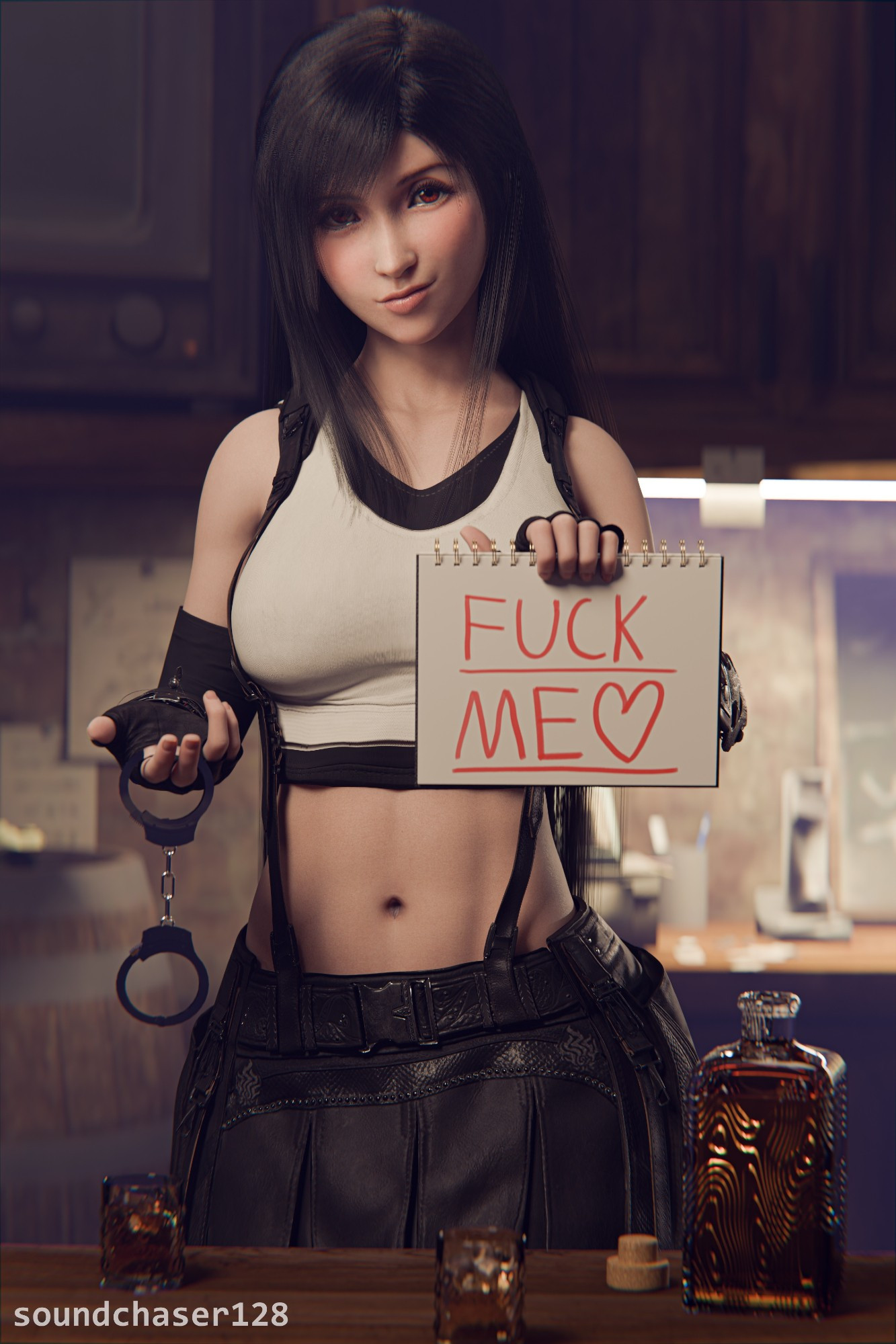 Tifa Lockhart behind a bar counter, holding a pair of handcuffs in one hand and a spiral notebook with "fuck me" written on it in the other