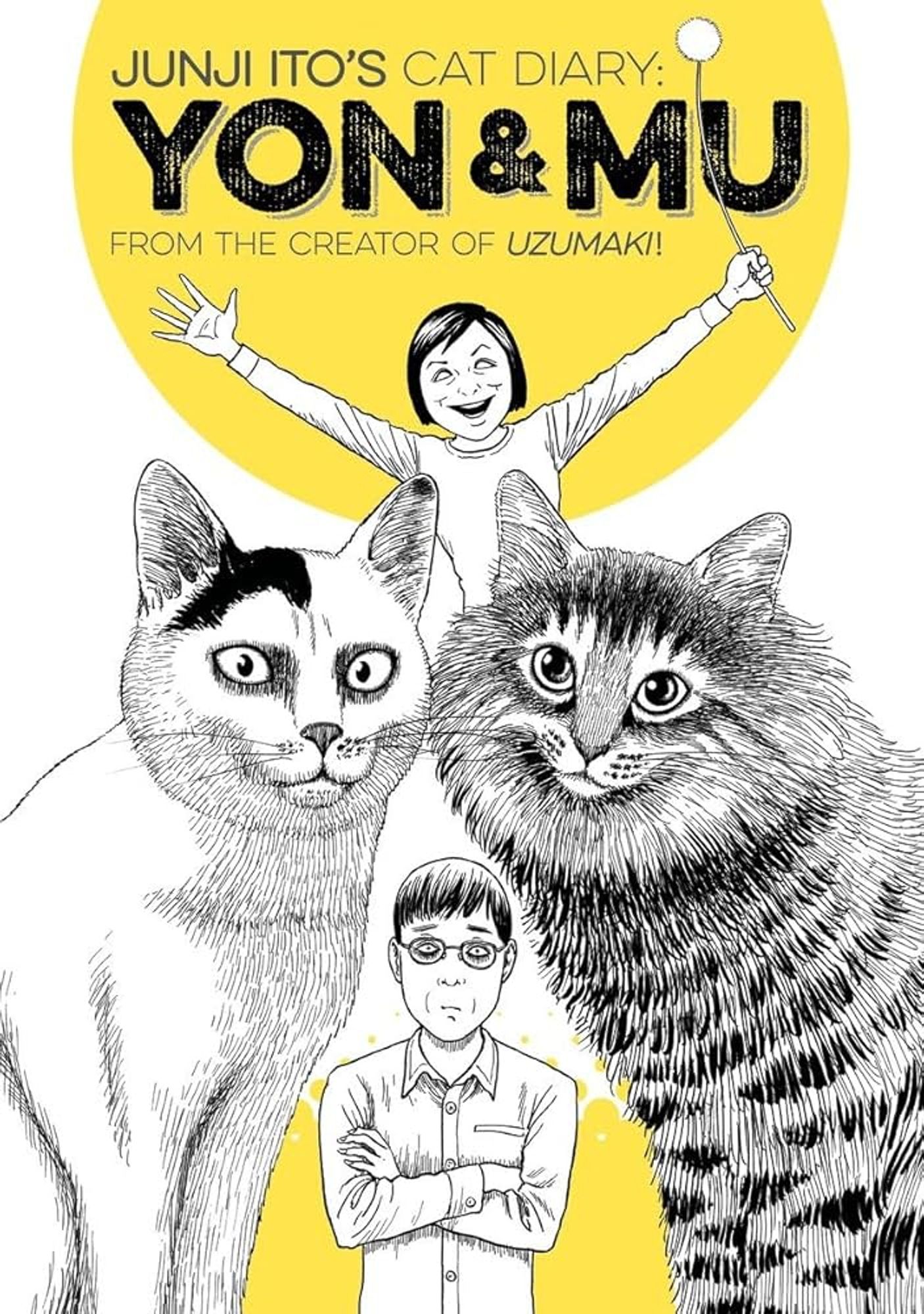 The cover art for Junji Ito's Cat Diary, which features a black and white drawing of the author and his wife behind their two cats, who are looking at the viewer. The wife looks ecstatic with her arms thrown wide, while the author has his arms folded and a less enthusiastic expression.