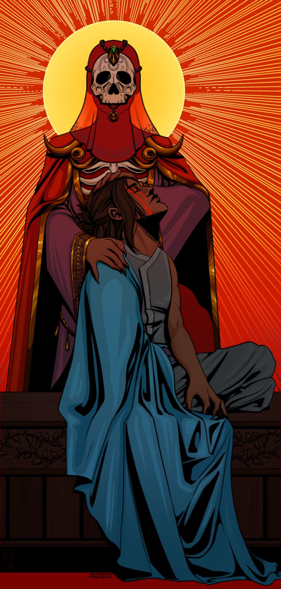 A tarot card style art piece of Guillermo and his mother. Guillermo is sitting on an ornate wooden alter covered by a blue sheet over one shoulder, bleeding from a head wound with his eyes closed and head tipped back. His mother wears her full regalia, red veil, skull mask, and cloak. One of her hands rests on his head, the other on his shoulder, she's lit from behind by a starburst sun with a bright red background.