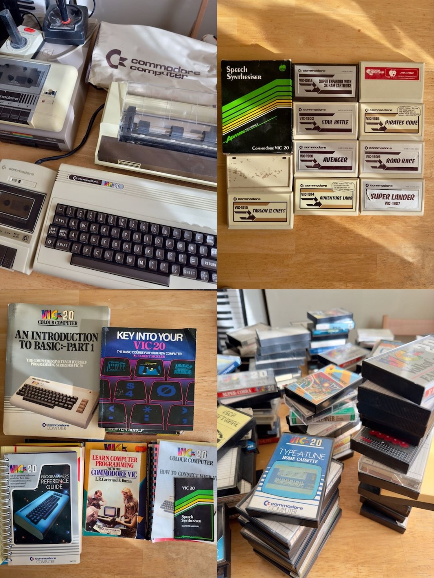 A collage of photos showing the Commodore VIC 20 and accessories.