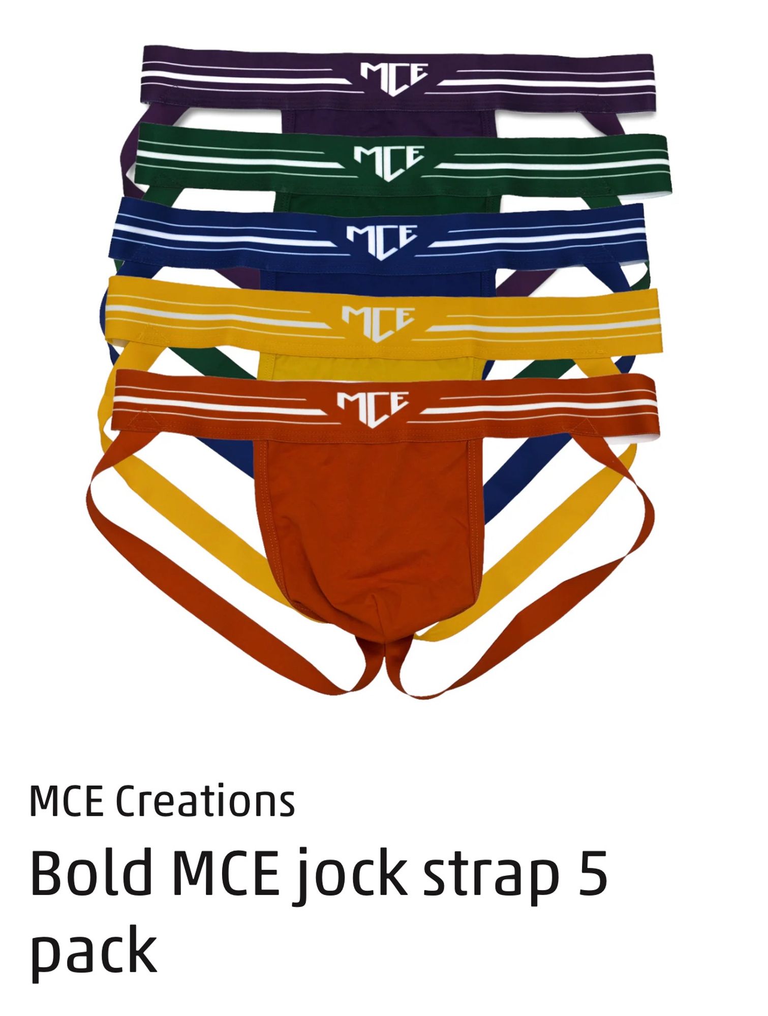 A screencap of an MCE Creations Bold MCE jock strap 5 pack in 5 colors: (top to bottom) dark purple, dark green, dark blue, golden yellow and rusty orange