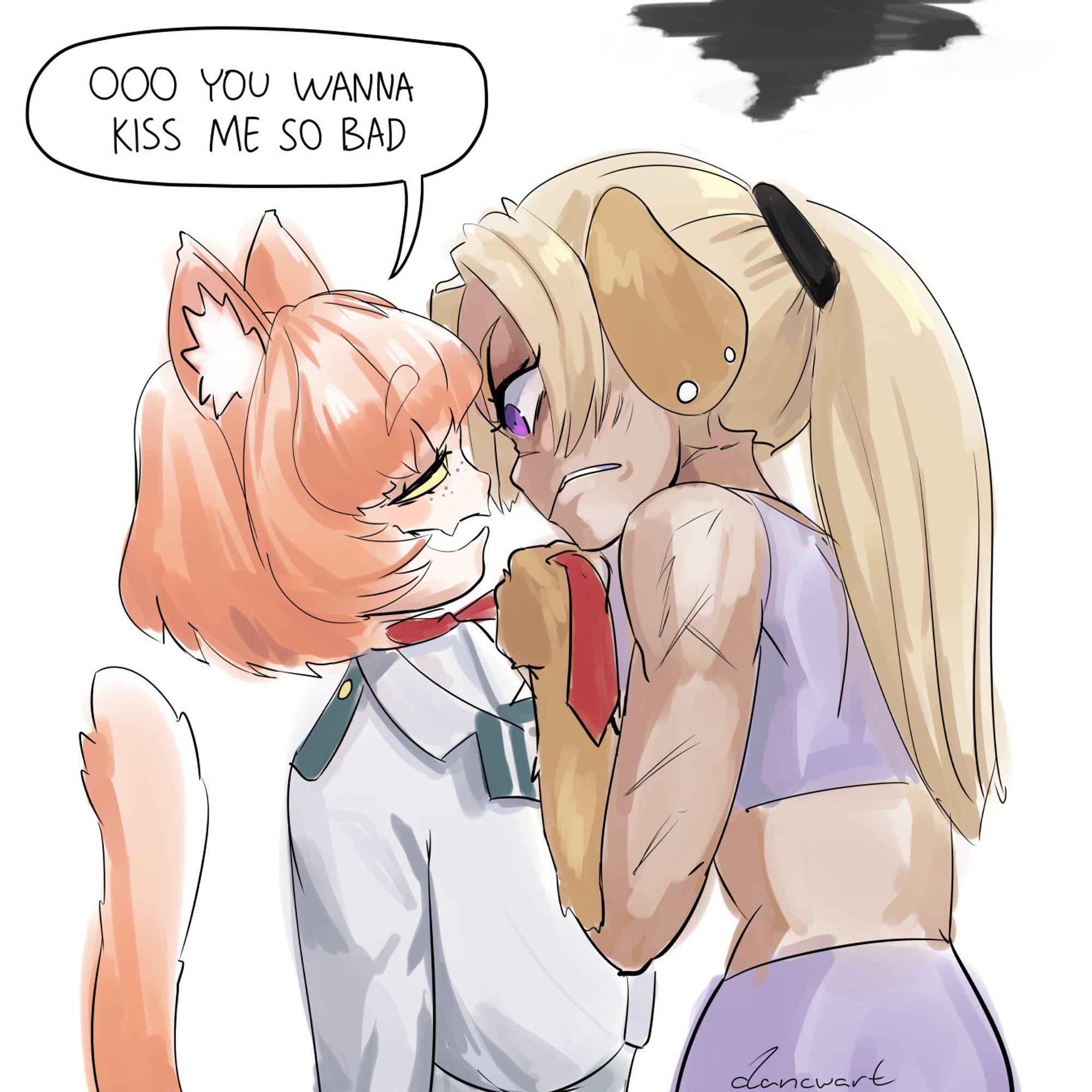 Flustered dog girl pulling in a cat boy by the ties.
The smugly says "ooo you wanna kiss me so bad"