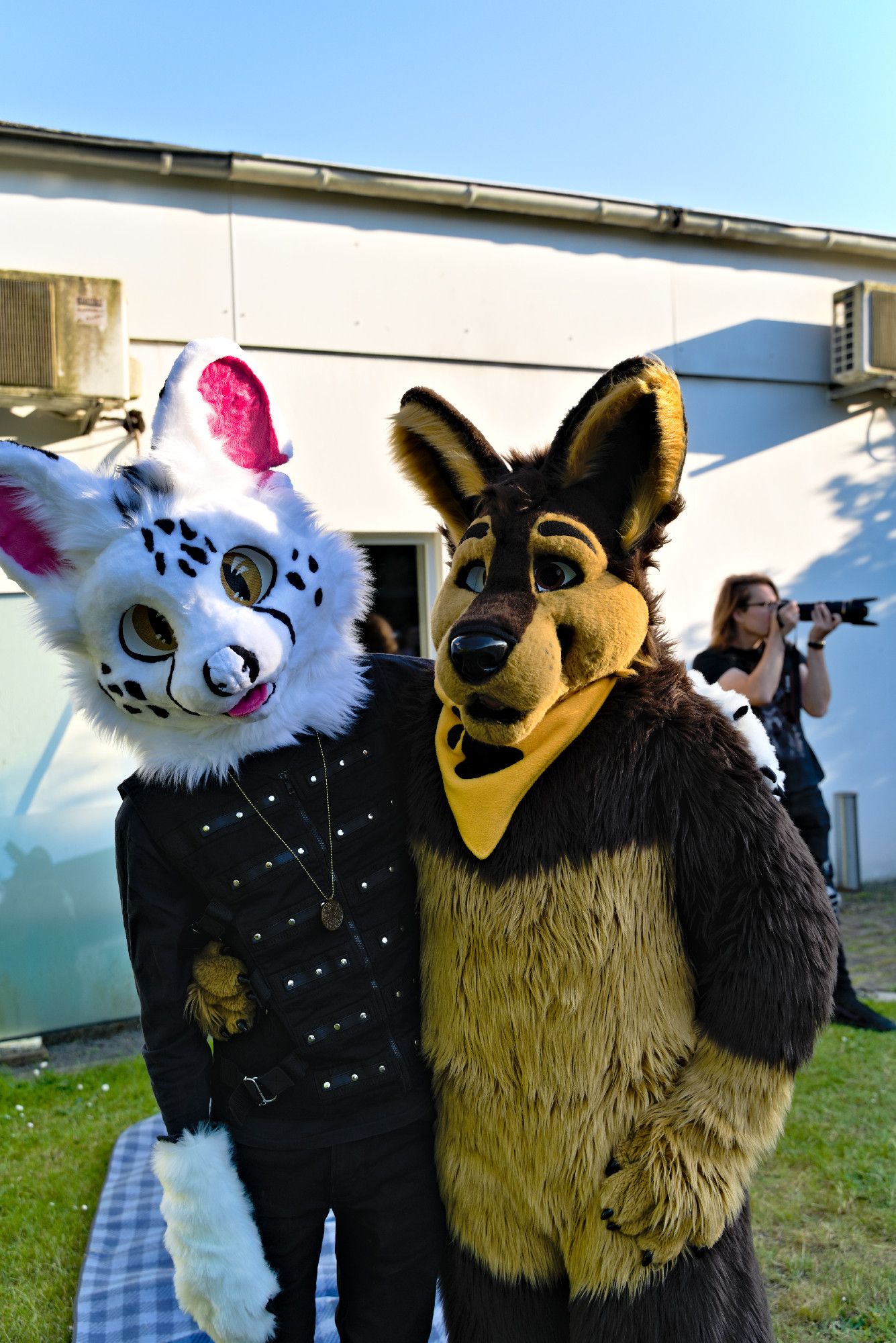 Photo of a white serval partial fursuiter standing next to a brown and cream-colored wolf fullsuiter.