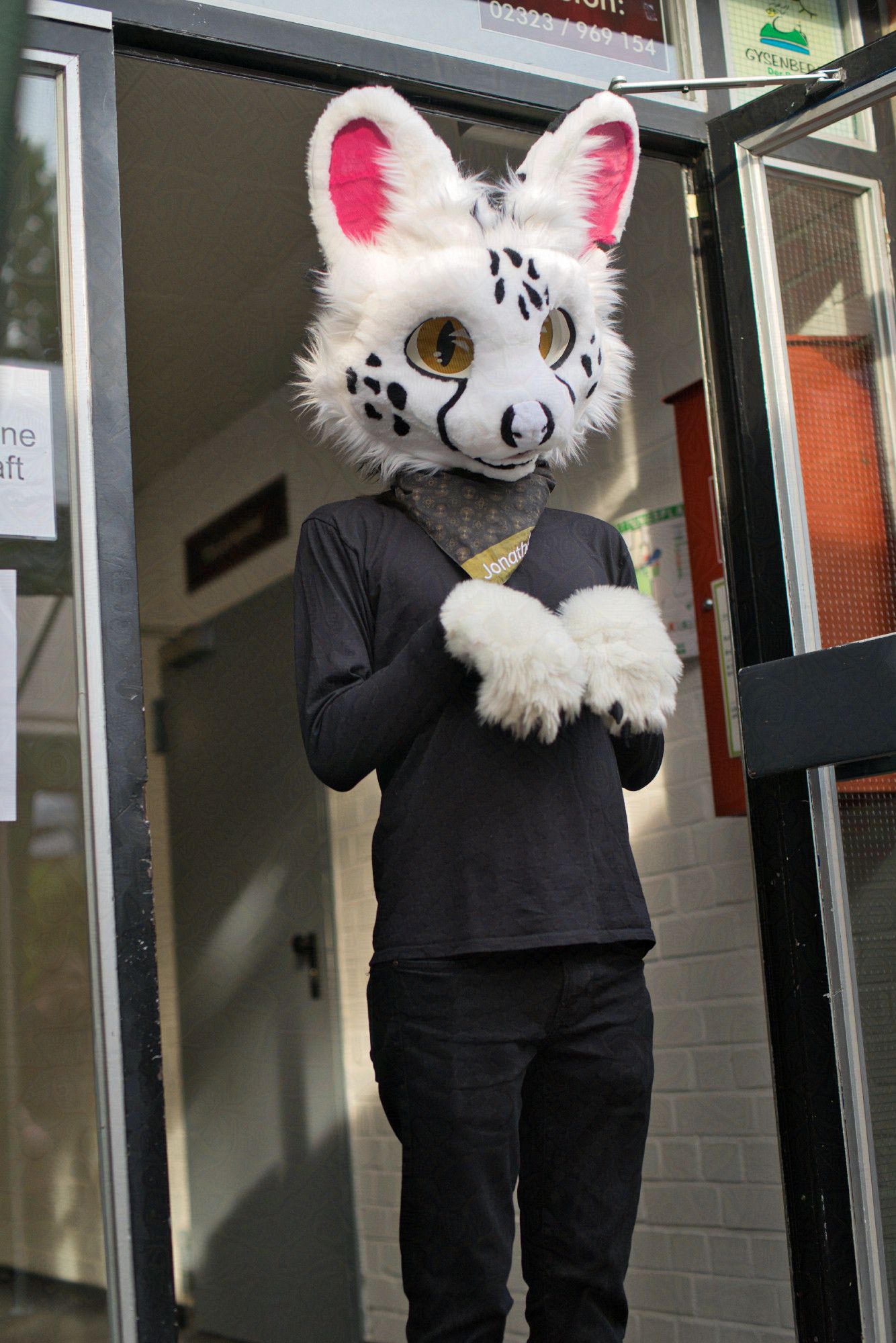 Photo of a white serval fursuiter standing at a door leading outside.