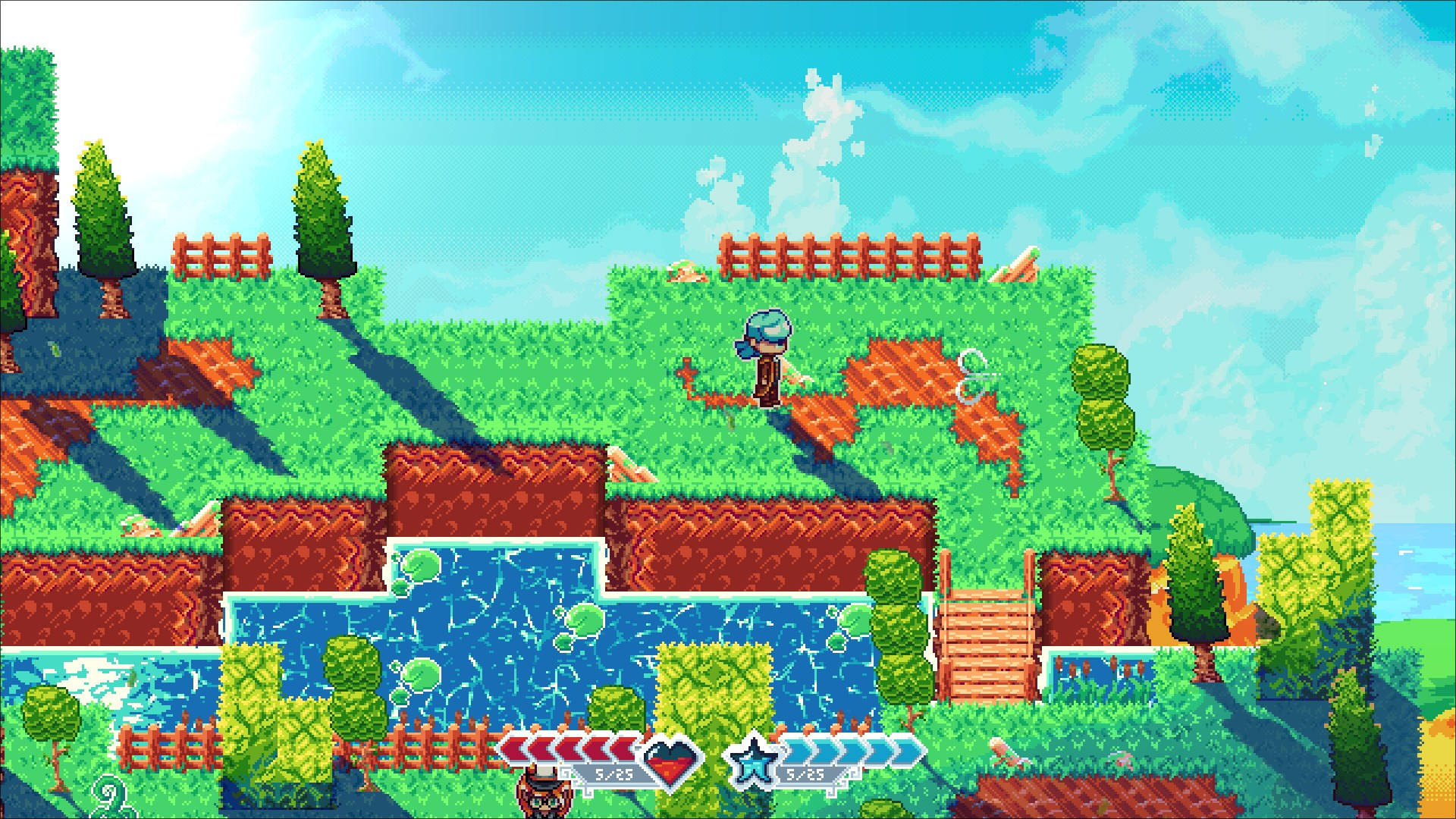 A view of the demo level with the new stylized pixelated water shader.