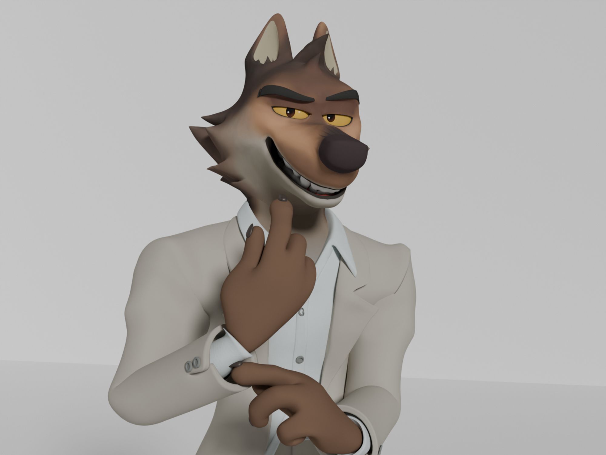 3D render of Mr. Wolf from the Bad Guys, adjusting the cuff of his jacket.

DDArtTag