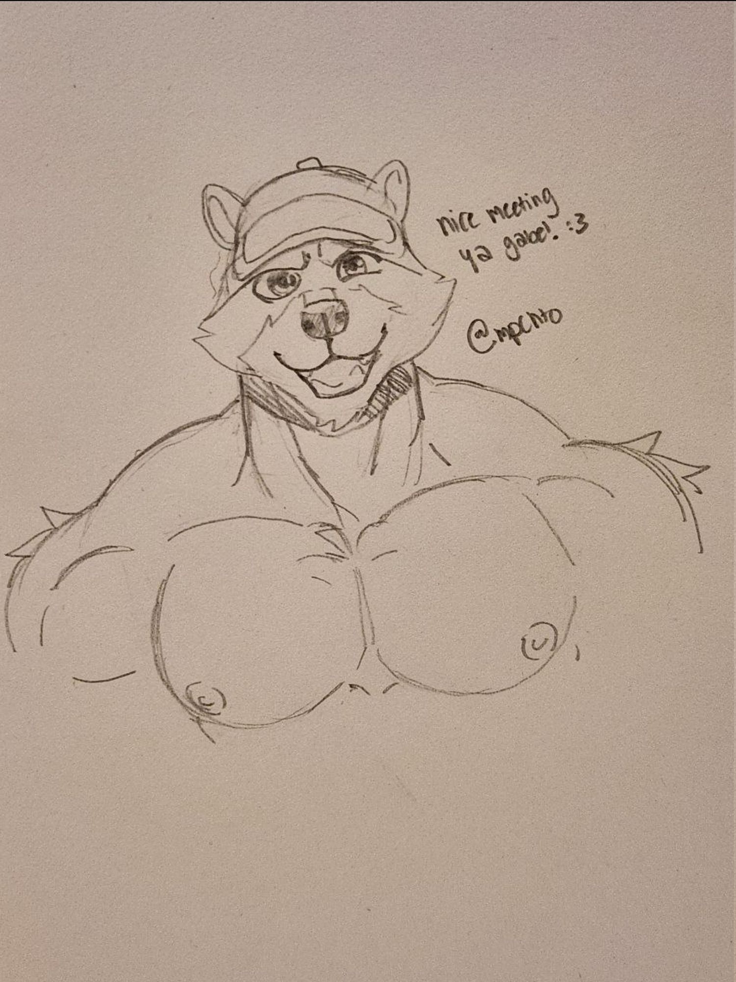 A sketch of my raccoon, Zach, shirtless and smiling at the camera. DDArtTag