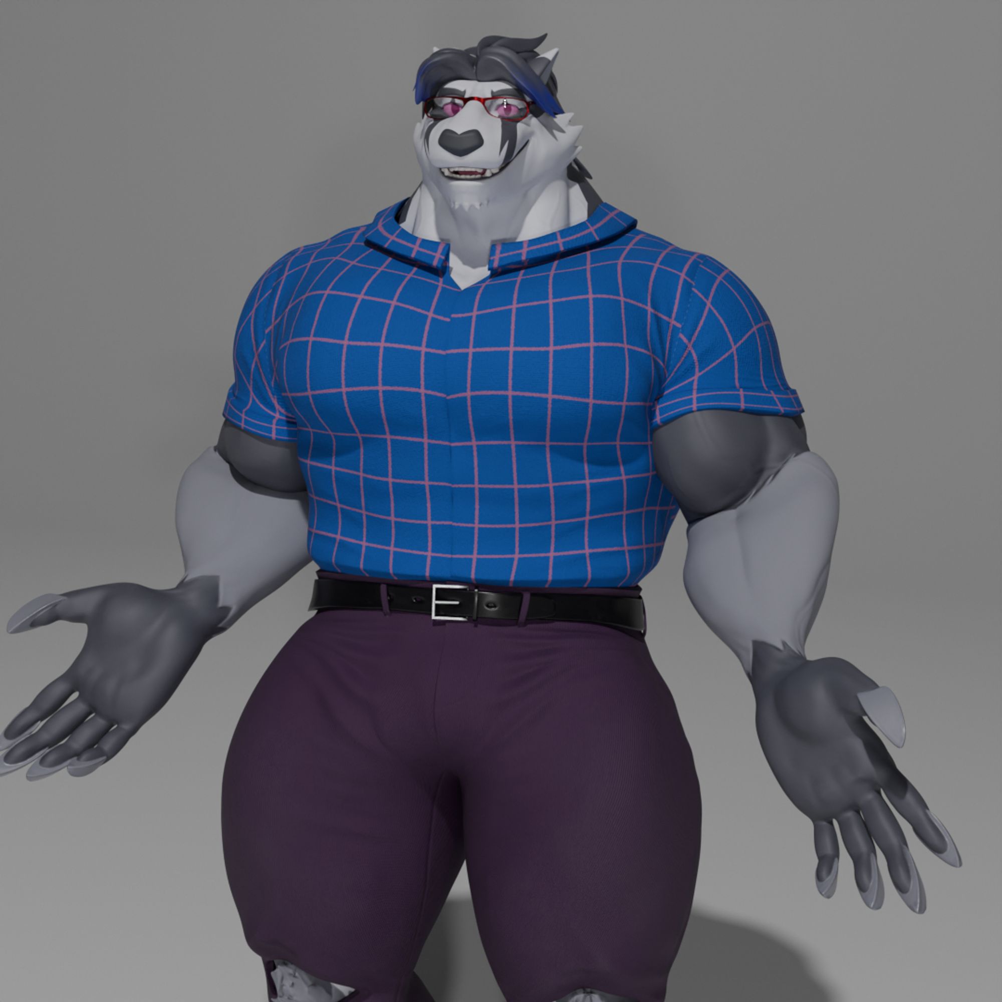 3D render of a buff anthro badger/obstagoon wearing office clothes. He's smiling for the camera with his hands spread out.

DDArtTag