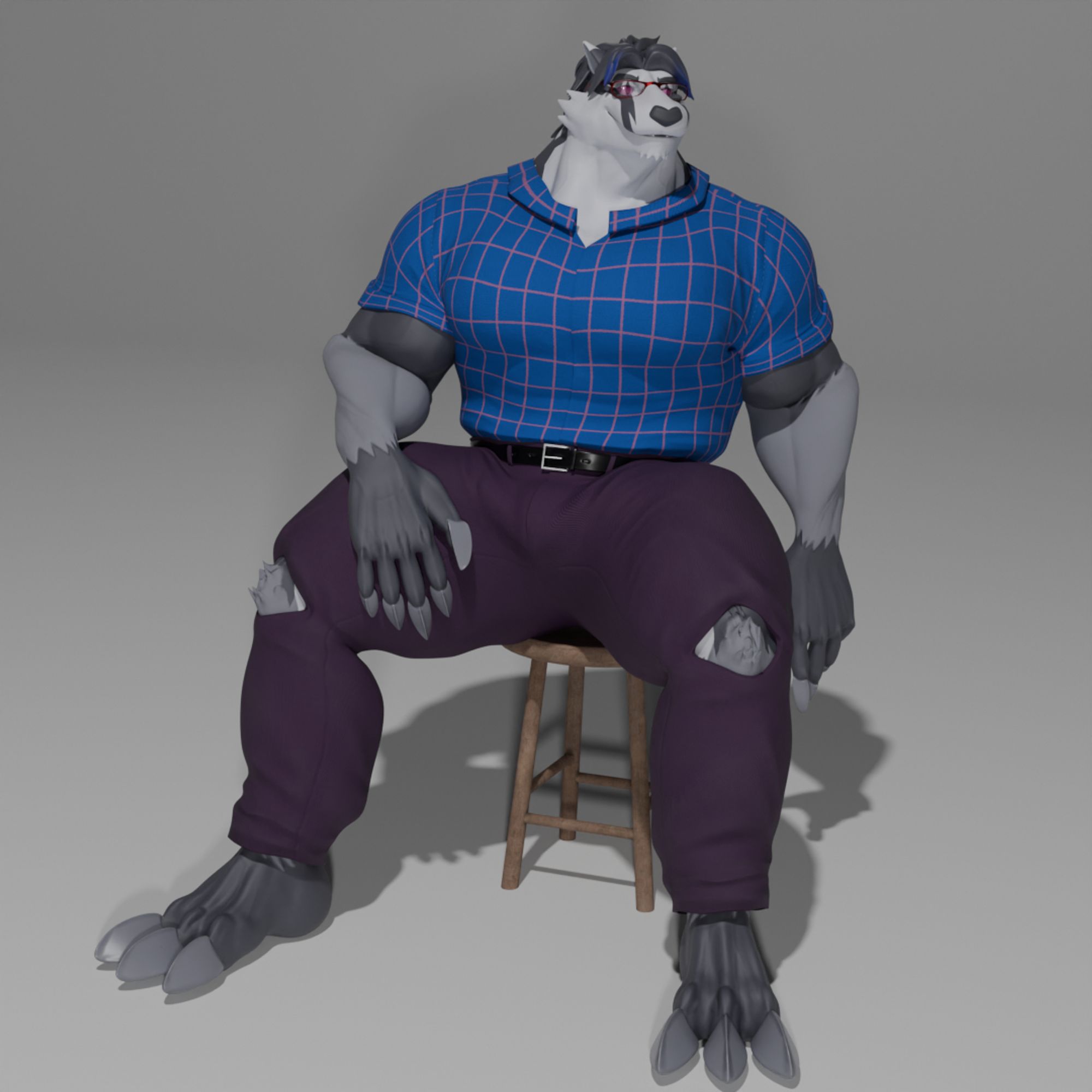 3D render of a buff anthro badger/obstagoon wearing office clothes. He's seated on a stool, looking to the side. One arm rests on his leg, while the other dangles to the side.

DDArtTag