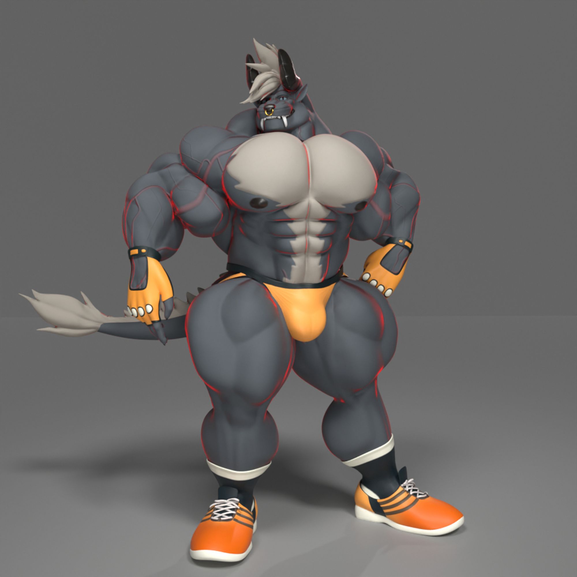 3D render of a hugely buff anthro behemoth posing in a jockstrap.

DDArtTag