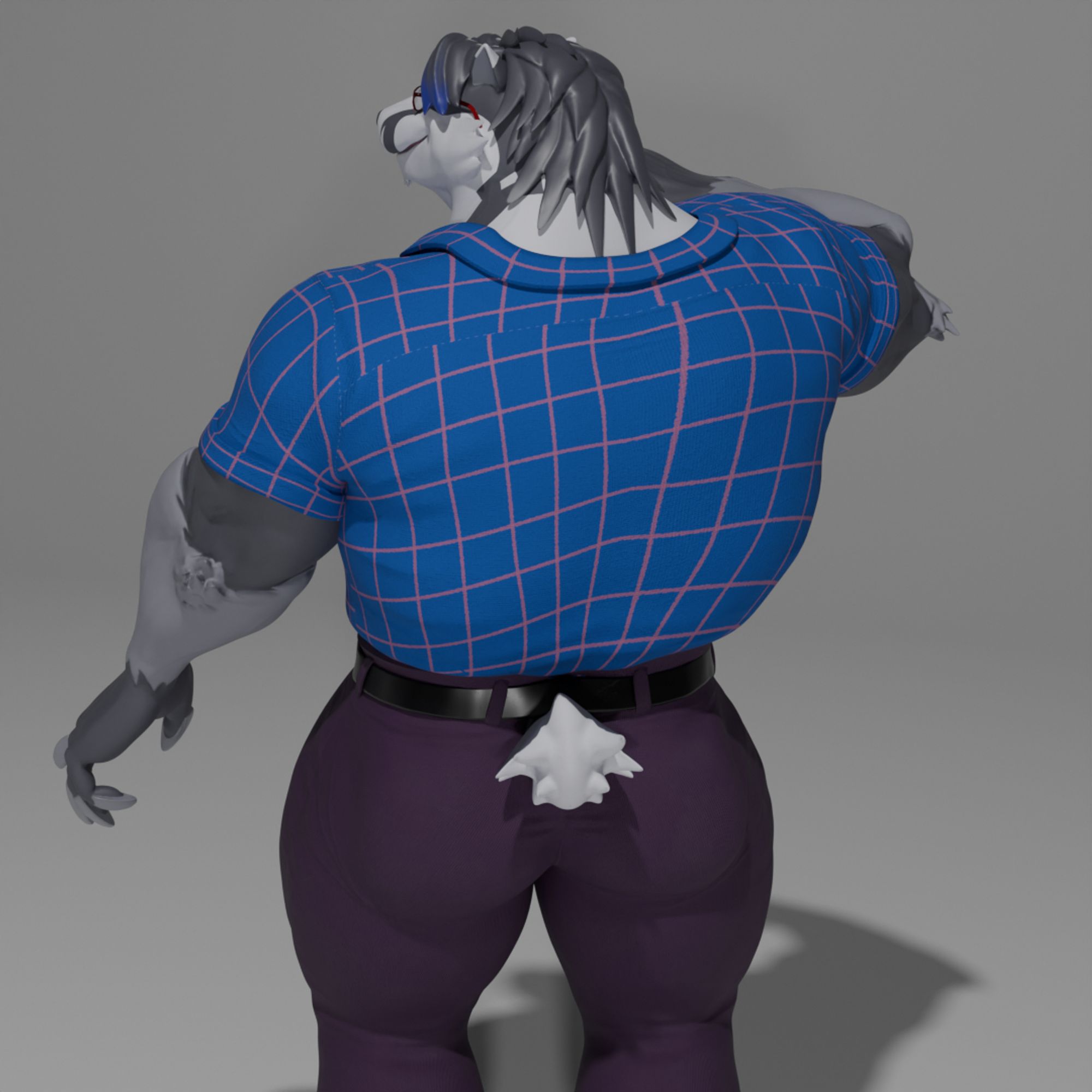 3D render of a buff anthro badger/obstagoon wearing office clothes. He's turned away to show off his back, with his head partially turned towards the camera and smiling.

DDArtTag