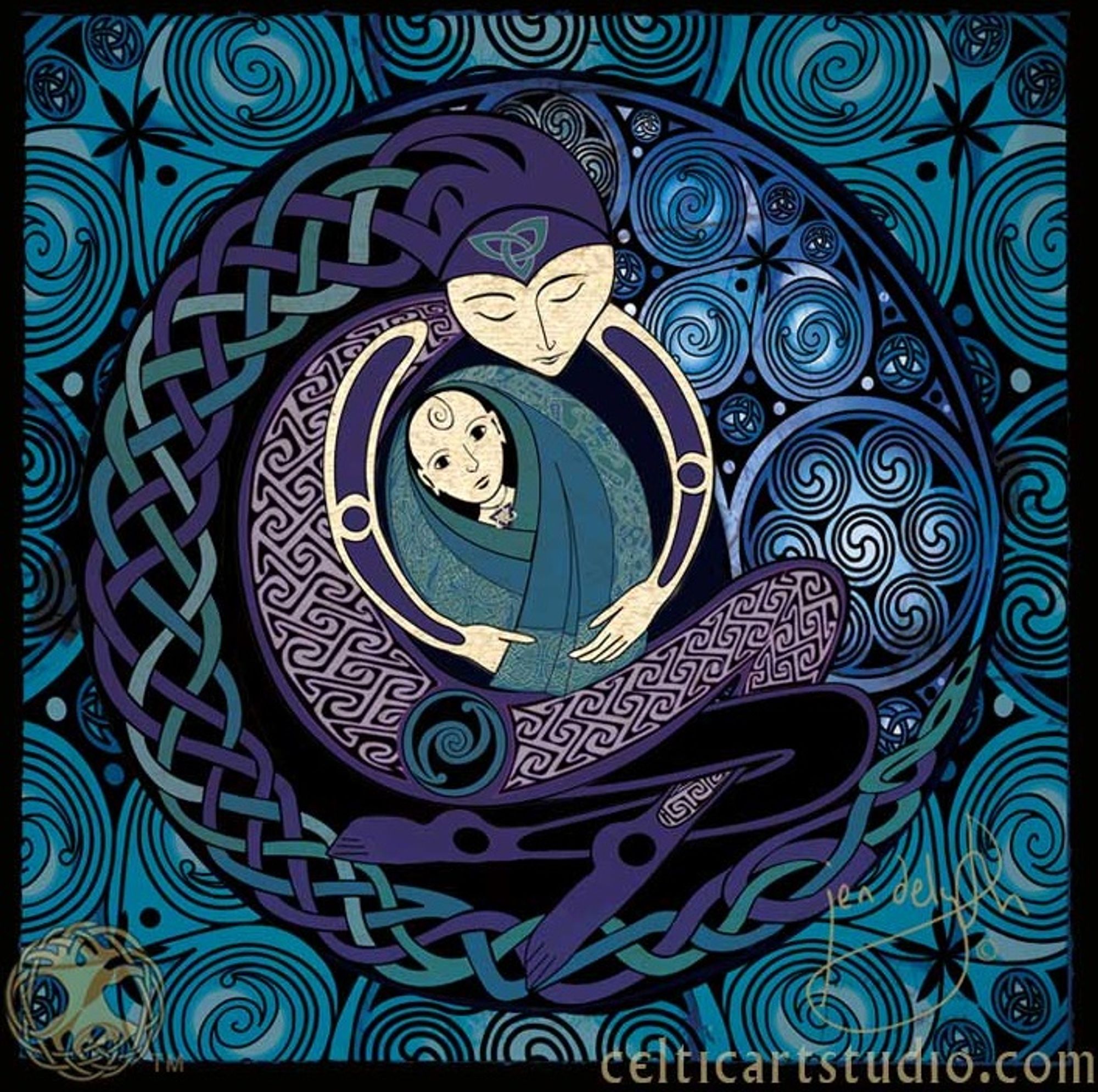 Stylized Celtic Welsh design of Modron ("Mother") cradling her son Mabon ("Son"). Art by Jen Delyth.