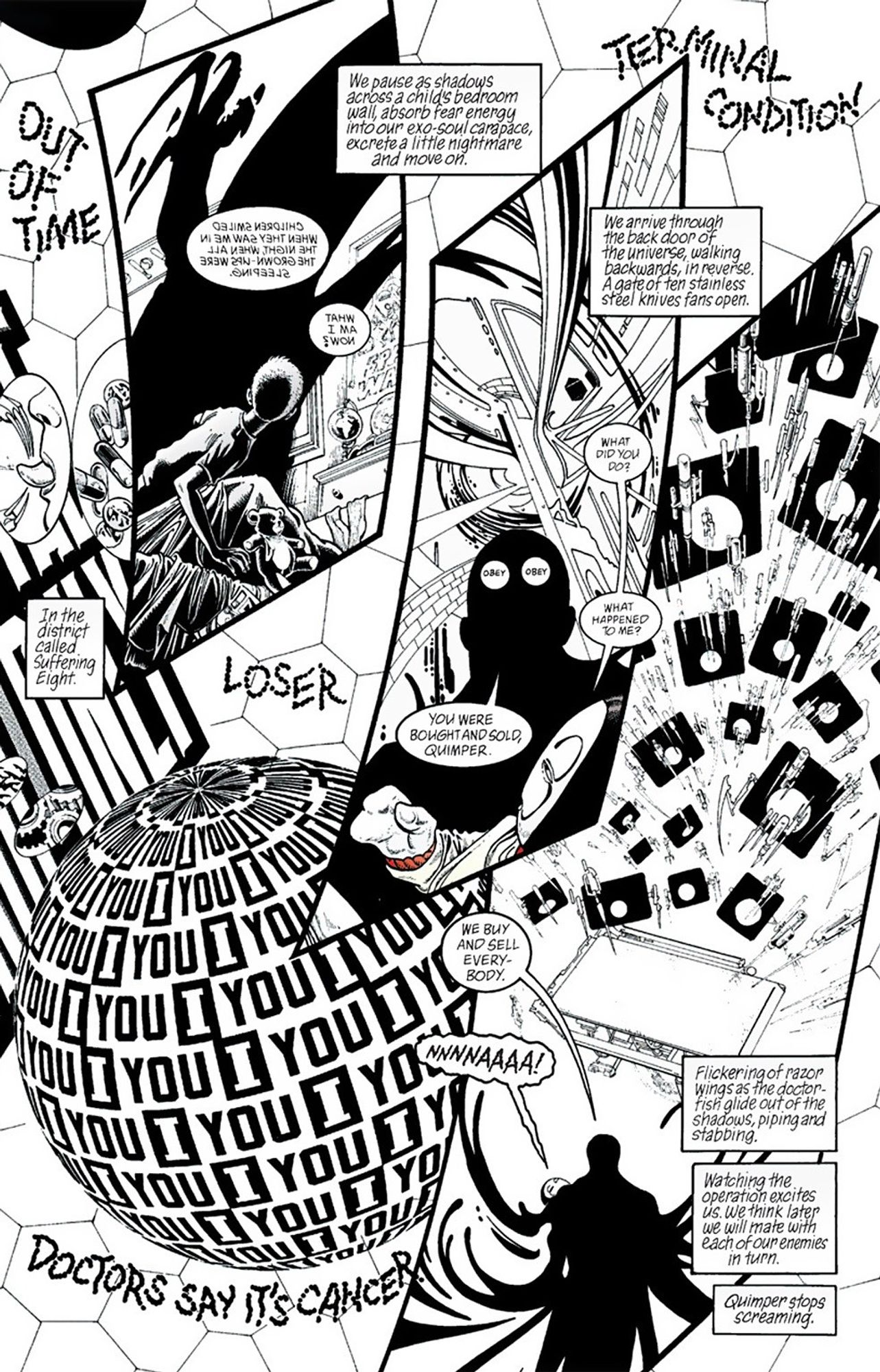 Page from the graphic novel "Invisibles: Bloody Hell in America," as the demon Quimper is taken through the Spirit Realm. Written by Grant Morrison and illustrated by Phil Jimenez.