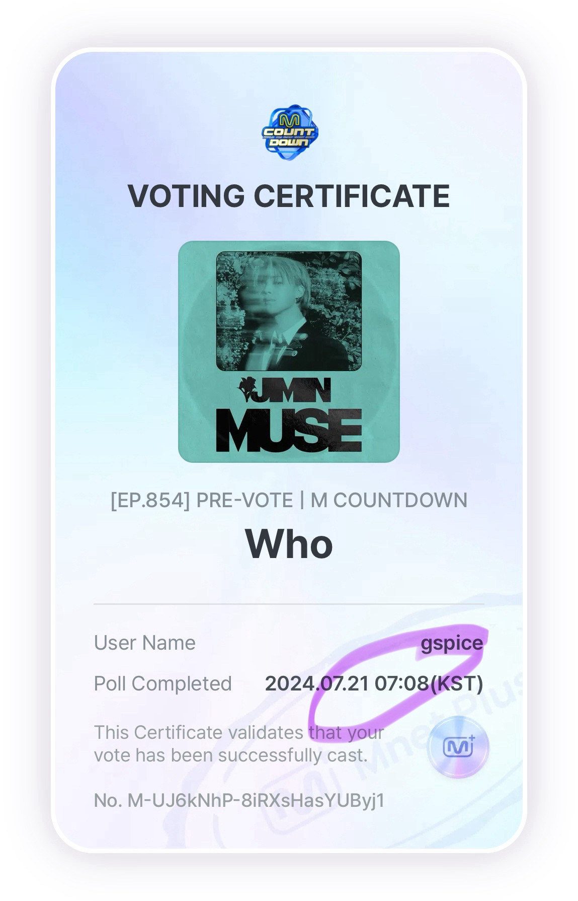 M Countdown voting certificate for JIMIN’s Who displaying a teal version of the MUSE album cover