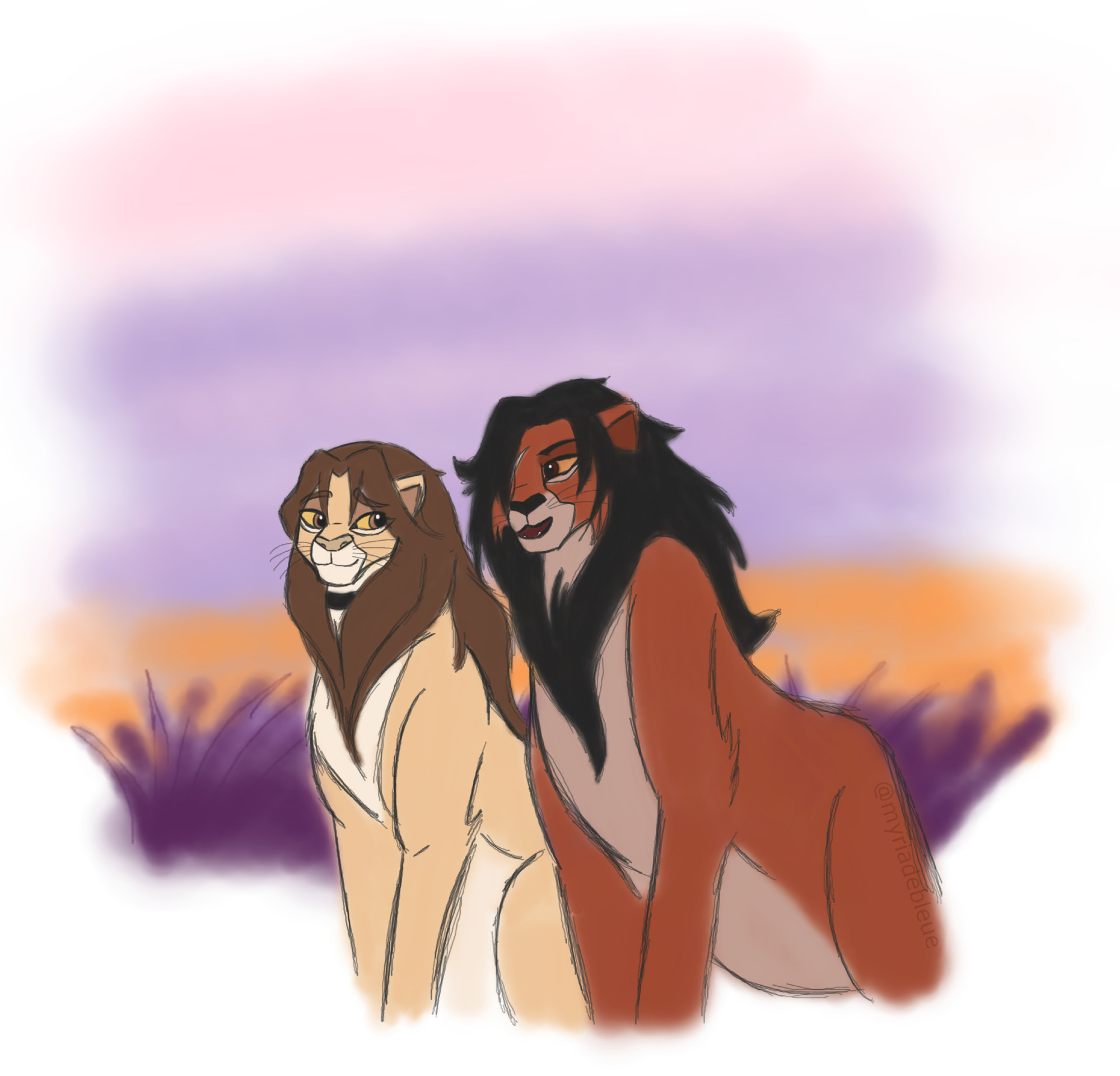 A drawing of Xie Lian and Hua Cheng drawn close to the style of the lions from The Lion King.
Hua Cheng and Xie Lian are sitting next to each other, with Hua Cheng saying something and Xie Lian listening.
Hua Cheng's mane is covering his scarred right eye. Xie Lian has a shackle around his neck, half-concealed by his mane.