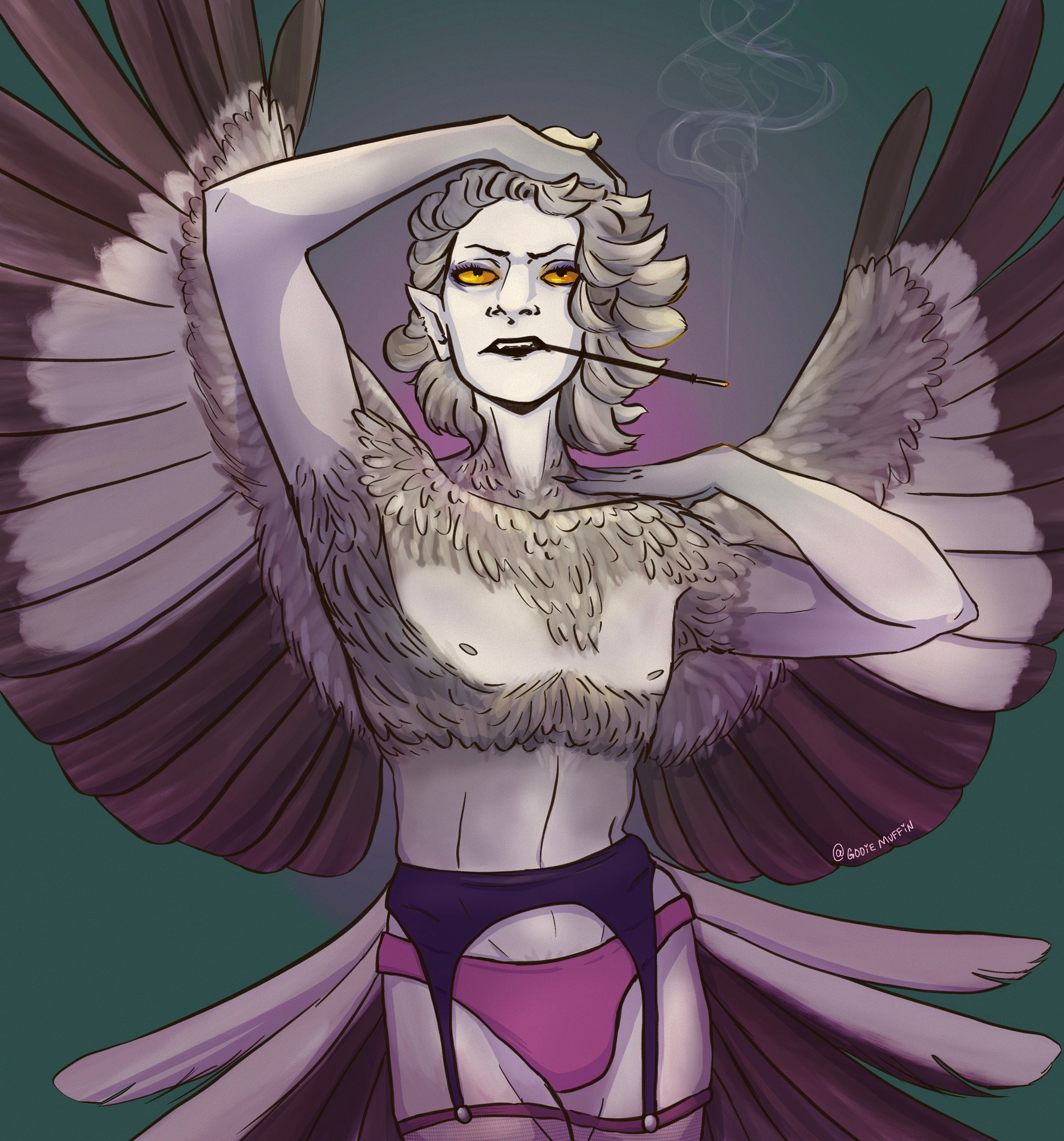 Digital color drawing of Bard, a mockingbird man, wearing pink and purple lingerie with his wings raised in a sexy pose while a long cigarette hangs from his black lips