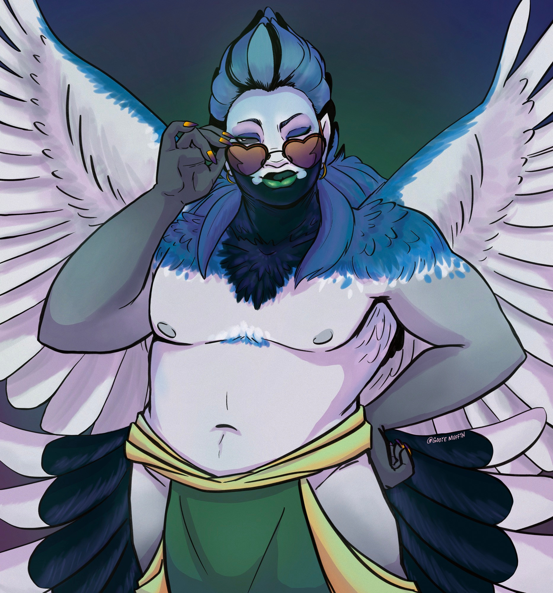 Digital color drawing of Beat, a black-throated magpie jay, with a thick beefy frame lowering heart-shaped sunglasses to wink at the viewer, green lipstick and a green and yellow skirt