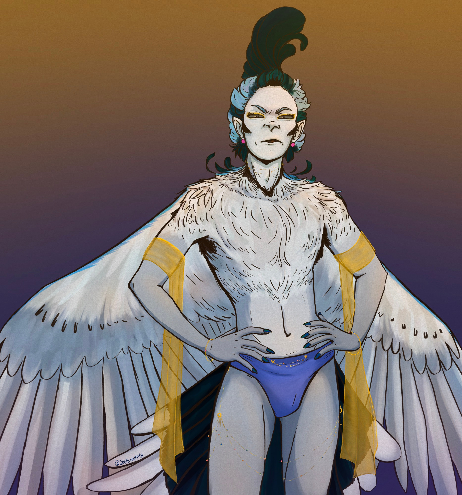 Digital color drawing of Whoo, a white-throated magpie jay, standing with his hands on his hips, wings lowered, in nothing but blue underwear and some sheer gold tassels hanging from his arms, black jays crest curling atop his head