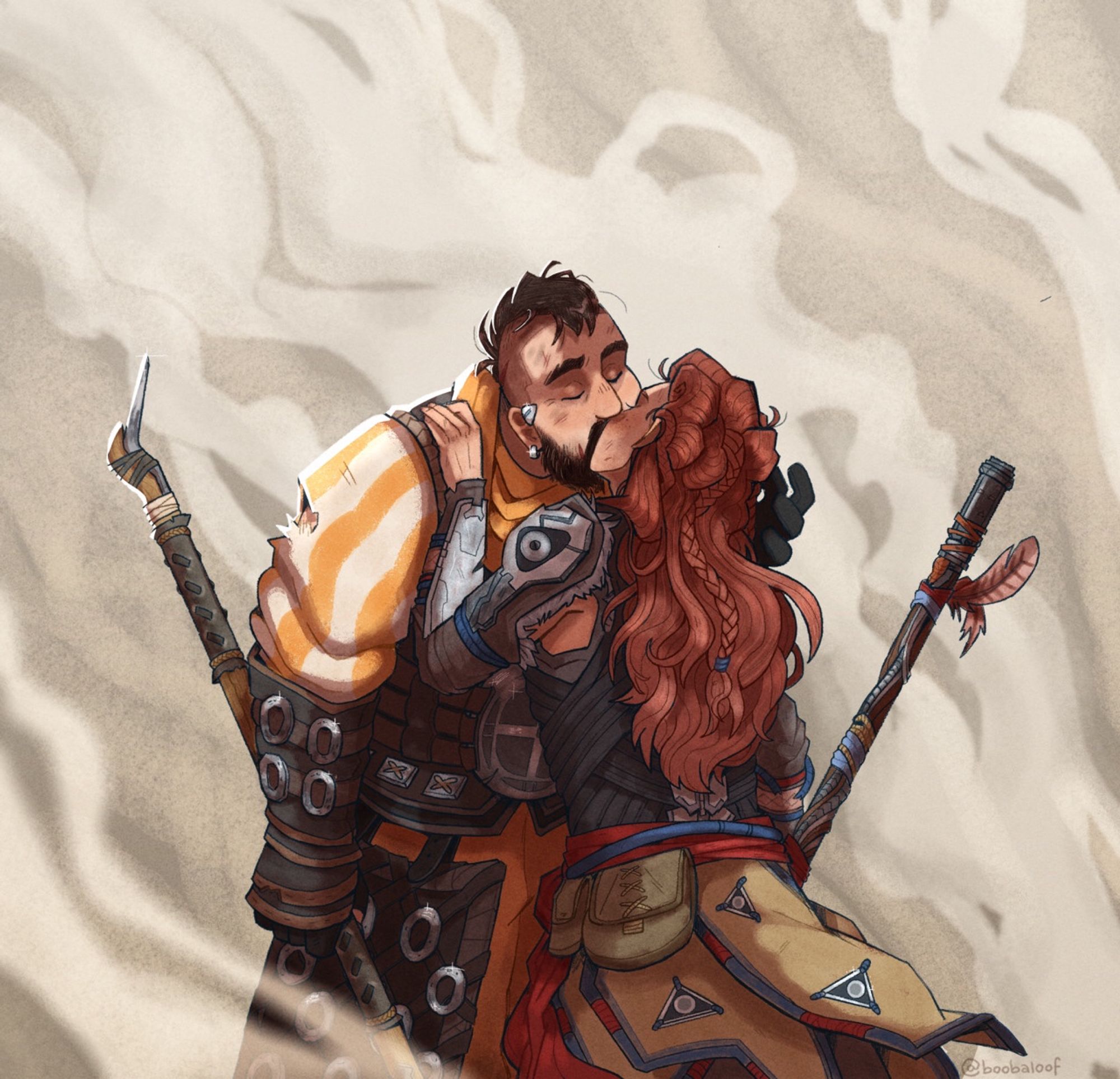 Aloy kisses Erend in the middle of the battlefield. Smoke rises from the ground and blows past them framing them in the moment.