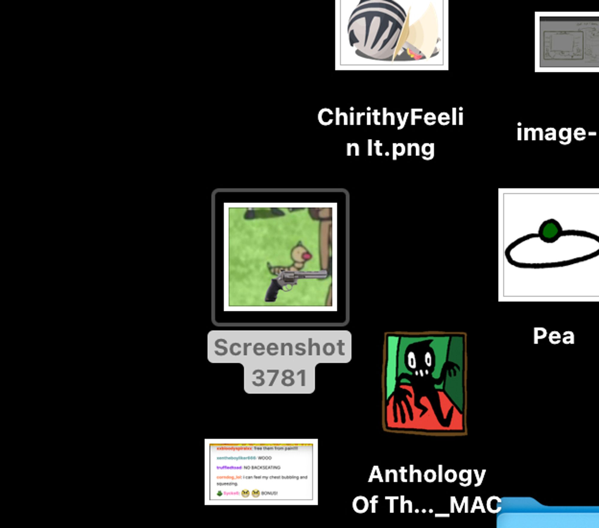 The thumbnail of desktop, centered on a very small picture of a simply drawn weedle with a realistic gun. other images surround it including a cat in a cape titled 'Chirithy Feelin It.png', a single pea on a plate, and the thumbnail for anthology of the killer.