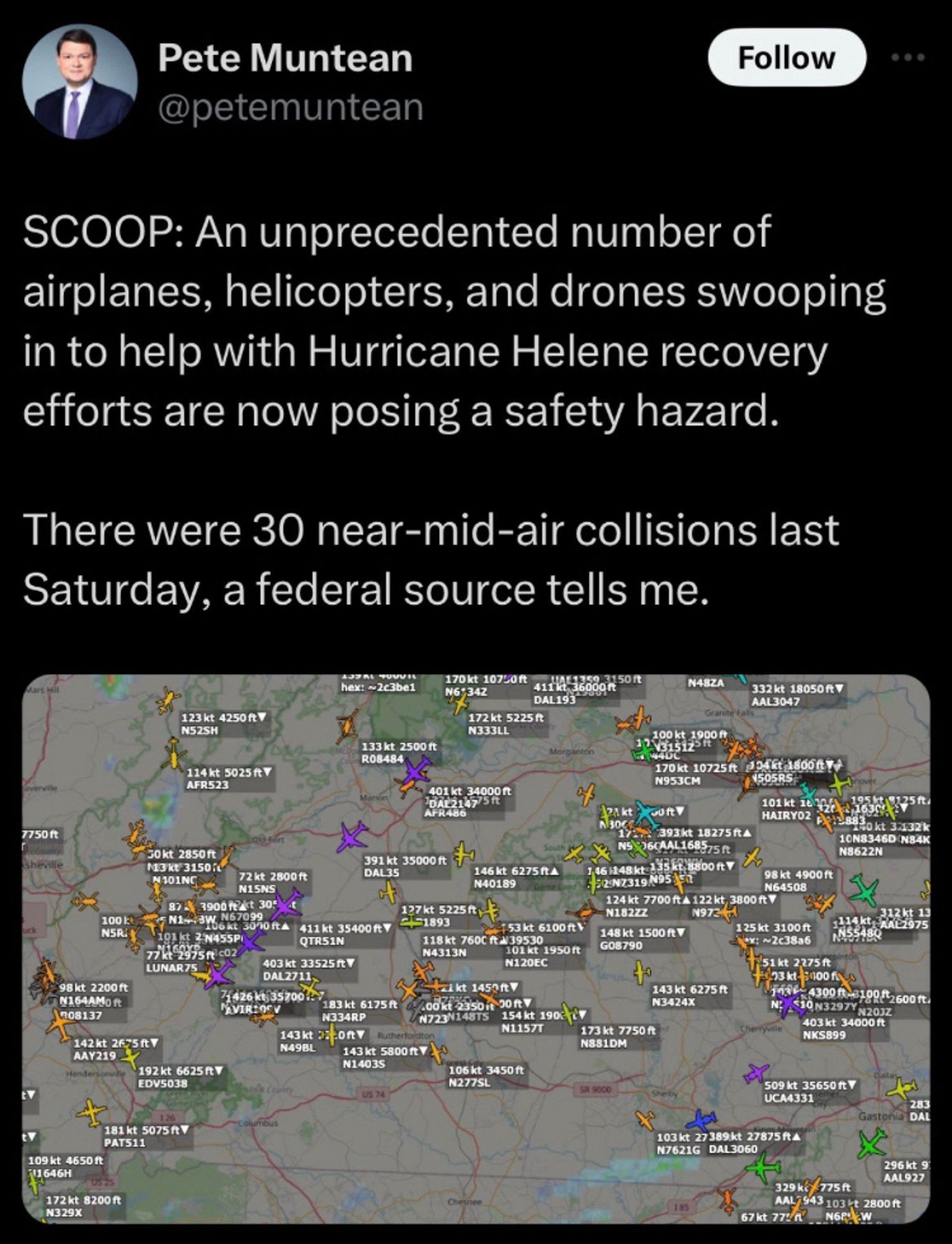 Tweet from Pete Muntean that says: SCOOP: An unprecedented number of airplanes, helicopters, and drones swooping in to help with Hurricane Helene recovery efforts are now posing a safety hazard.
There were 30 near-mid-air collisions last
Saturday, a federal source tells me.
Below tweet is an image of flight trackers that shows the skies full of flights, looks chaotic.