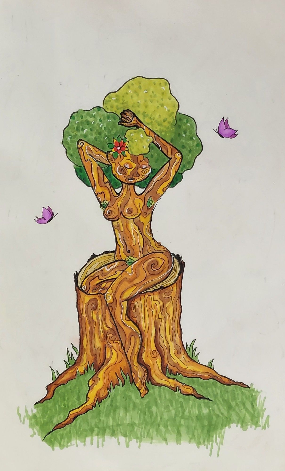 A cliee up of a color drawing of a naked tree lady. She's got skin that looks like bark with different shades of brown,orange and yellow a leafy green afro. she is siting on a tree stump pin up style with purple butterfly's around her