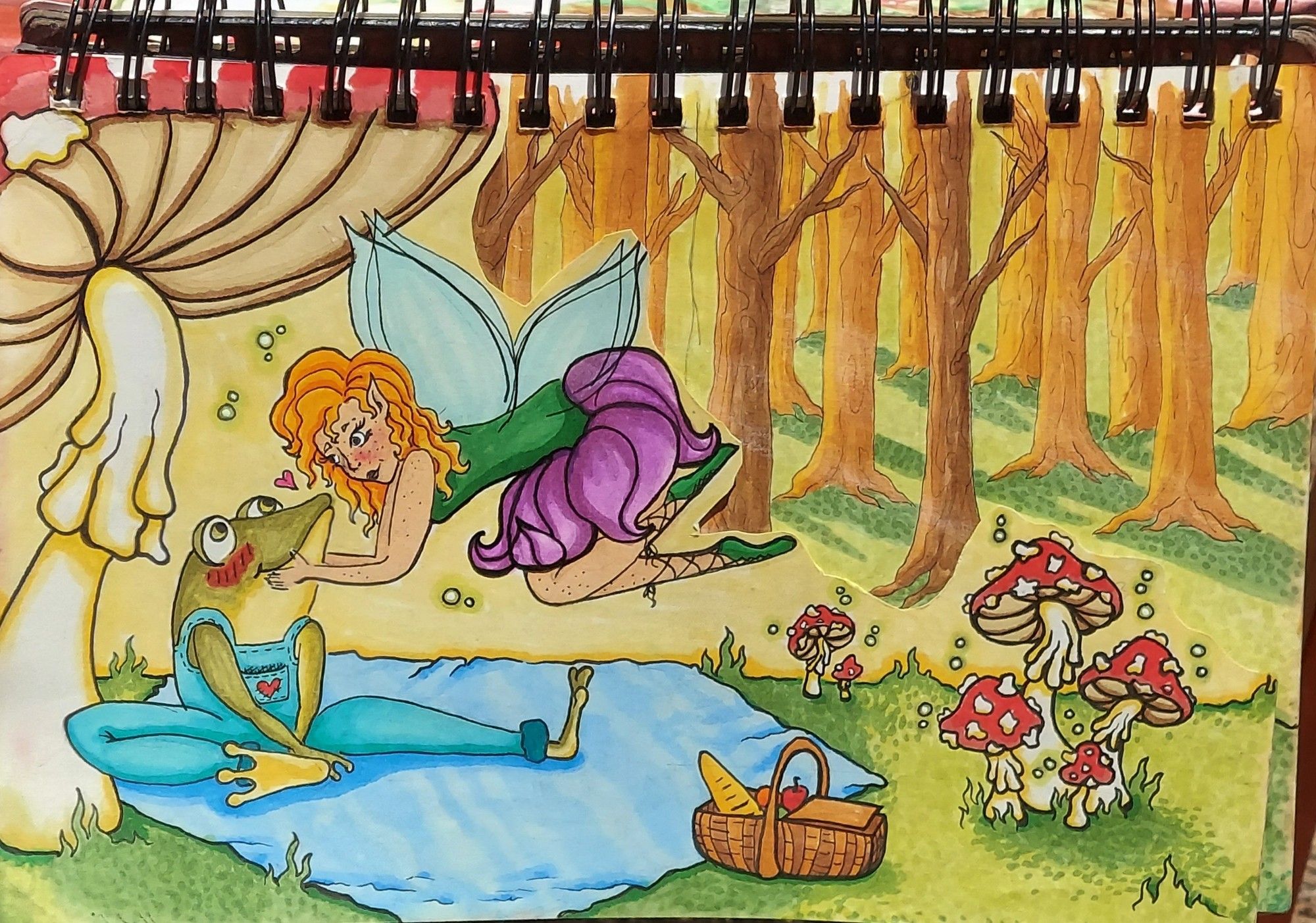 A drawing of a frog in overalls, Hopscotch (they,them) and a fairy in a flower dress, Juniper (she,fae). They are having a picnic date under the shade of a mushroom.