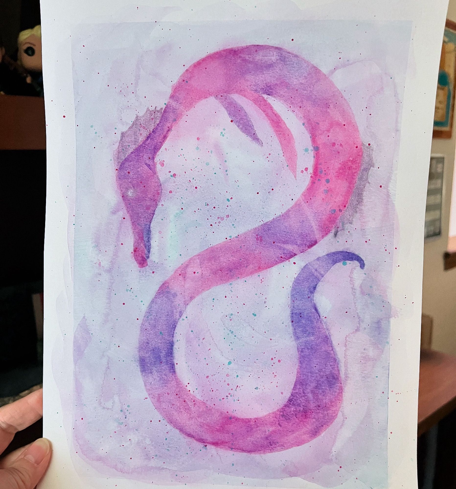 Watercolor painting of a snake-ish, S-shaped, pink & purple sea serpent, with a slightly horsey head, in blue-grey water.