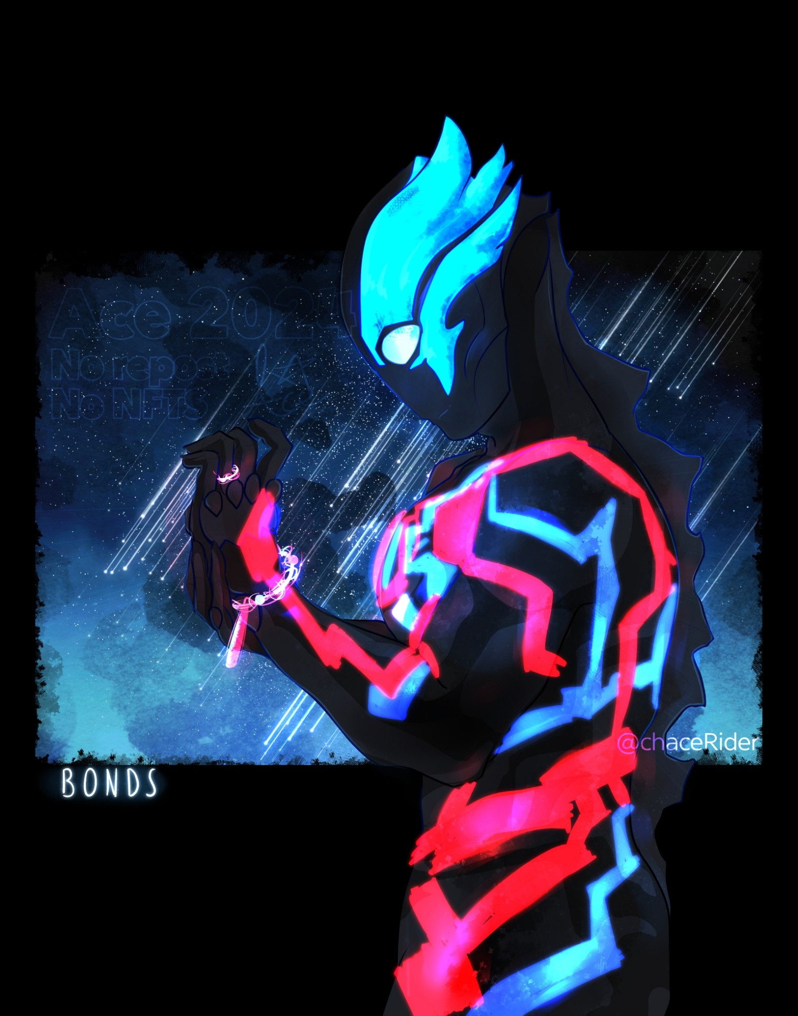 A digital illustration of Ultraman Blazar, in dark lighting with his red and blue lines glowing brightly. Blazar is holding up his left hand to look at the ghostly energy versions of his host's ring and bracelet, which are also glowing brightly. In the background, a small square of a starry sky with a meteor shower is the only other spot of color against inky blackness. "Bonds" is written in capital letters along the left side. End ID.