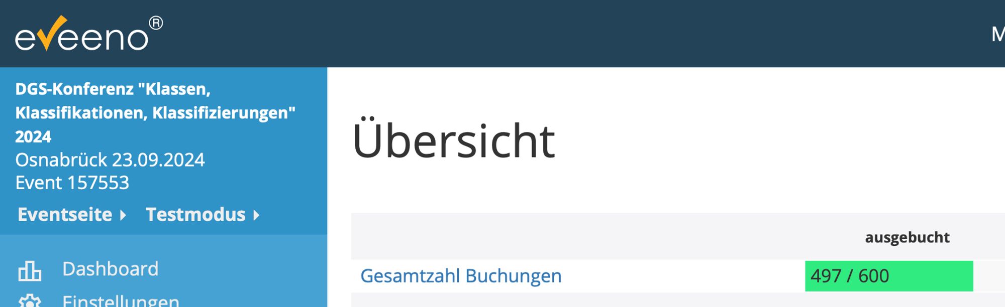 Das Bild zeigt einen Screenshot der Buchungsplattform zur DGS-Konferenz "Klassen, Klassifikationen, Klassifizierungen" mit 497 Anmeldungen.