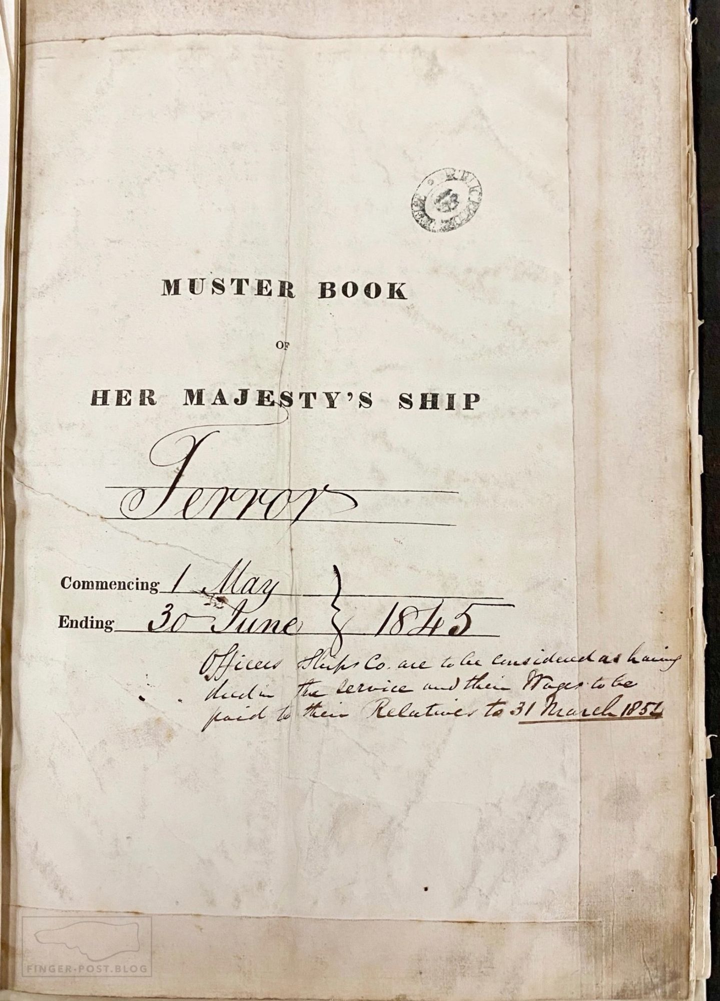 The front page of the 1845 muster book of HMS Terror (TNA ADM 38/1962). 

A note at the bottom reads "Officers & Ships Company are to be considered as having died in the Service & the Wages are to be paid to their Relatives to 31 March 1854".