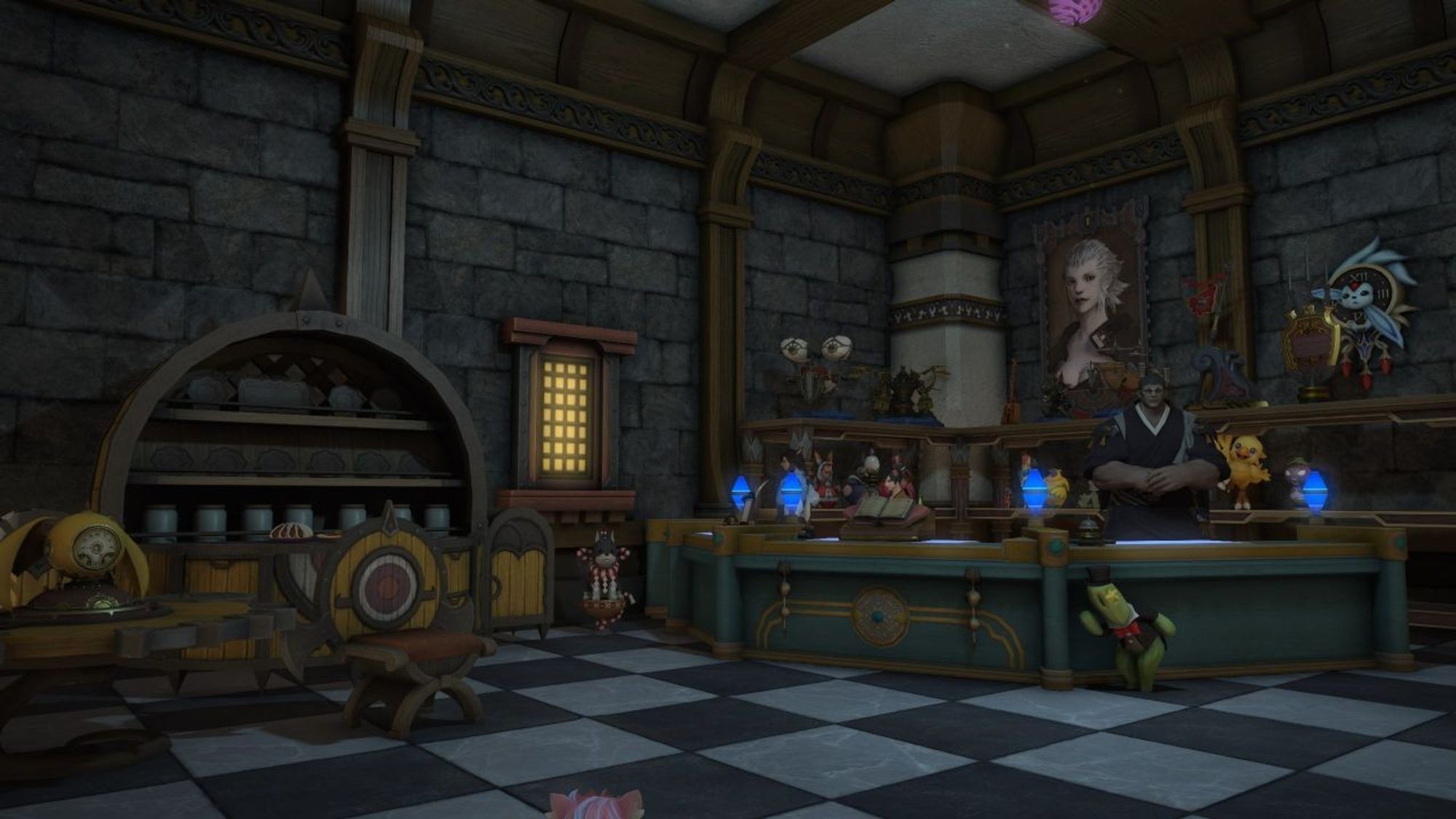 screenshot of the front room from my player house in final fantasy xiv showing a number of NPCs at a counter and shelves behind them with minatures and such.