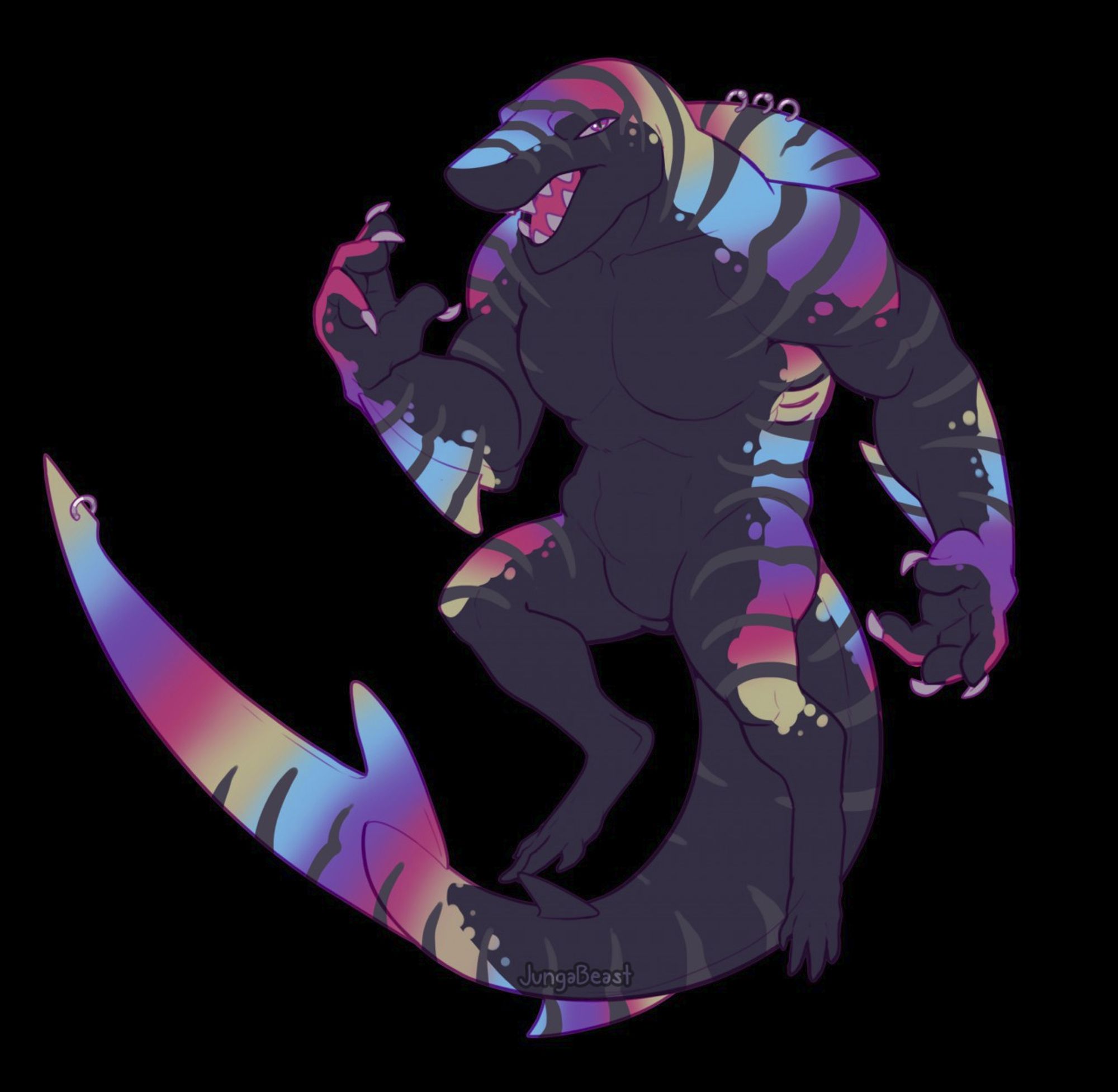 art: JungaBeast

a thresher shark with black hide on his inner musculature but scintillating rainbow markings and tiger stripes on his outer hide. He is stocky and muscular. his eyes are purple, and his fins have silver piercings that match his claws.