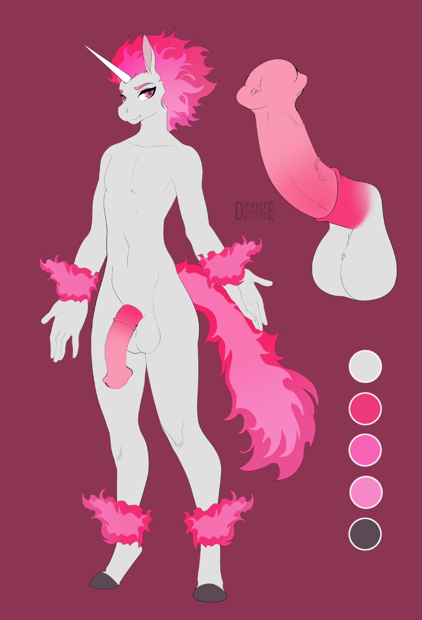 art: Devicre [fa]
a male anthro Rapidash [Raleigh, he/him] with pink flames for a mane and tail. He has a large horsecock and heavy sack that sag low because he was born without an equine sheath.