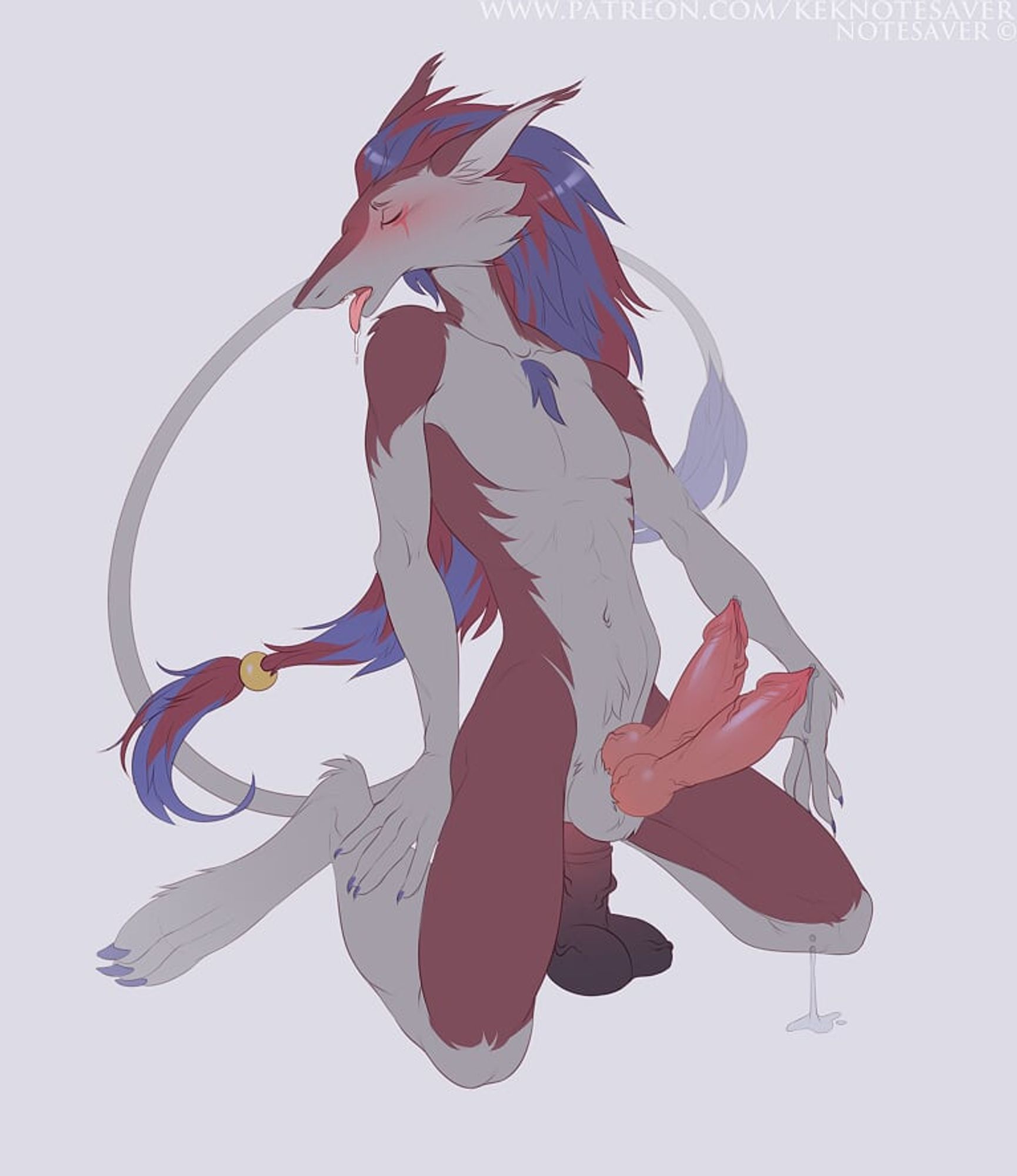 art by Notesaver [fa]

Sergei the zoroark/sergal hybrid rides an equine dildo while their dual cocks drool copiously on the floor between their knees. they have a blushy needy expression